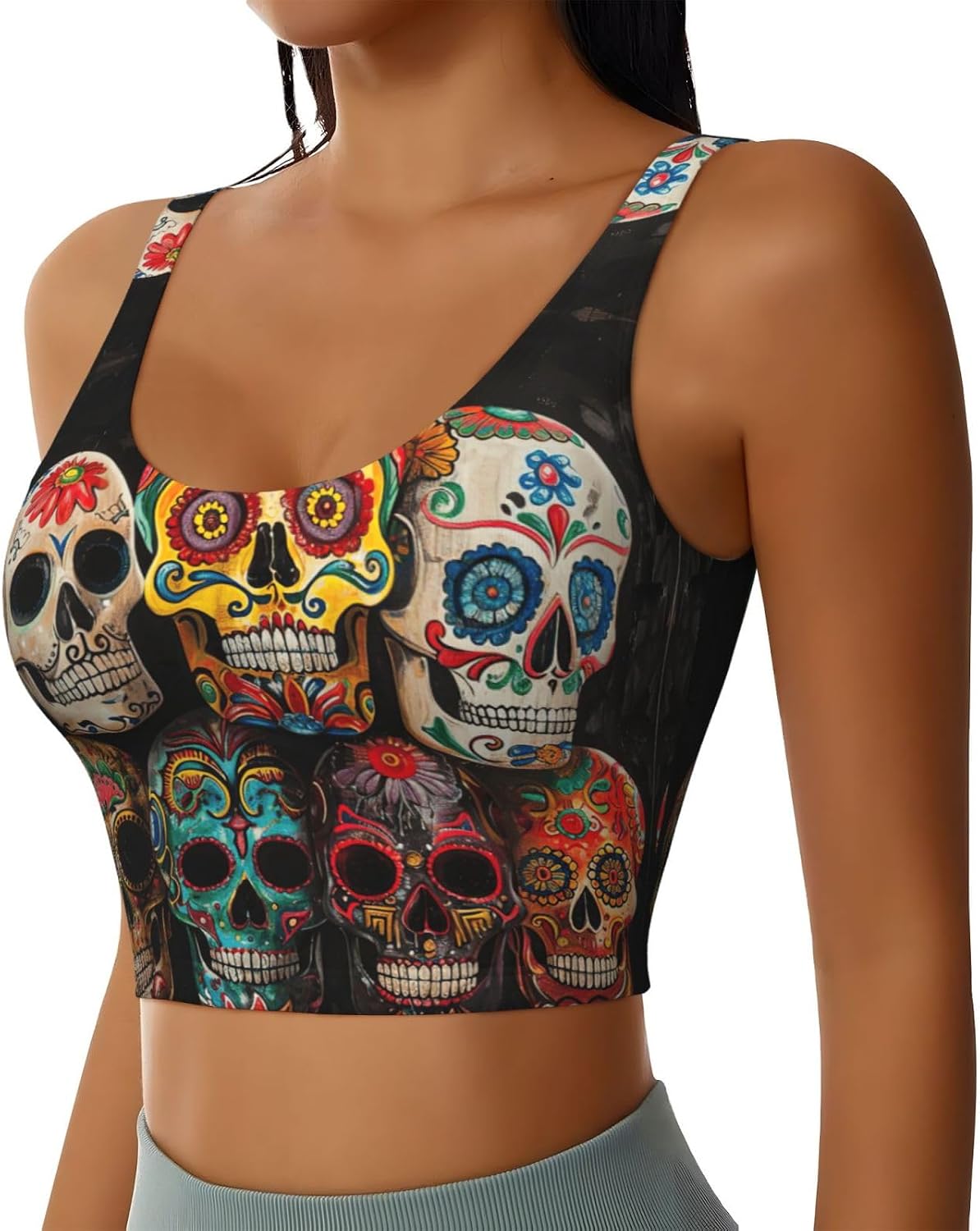 Sugar Skulls Print High Impact Sports Bras,Longline Sports Bra,Perfect for Yoga,Running and Gym Workouts