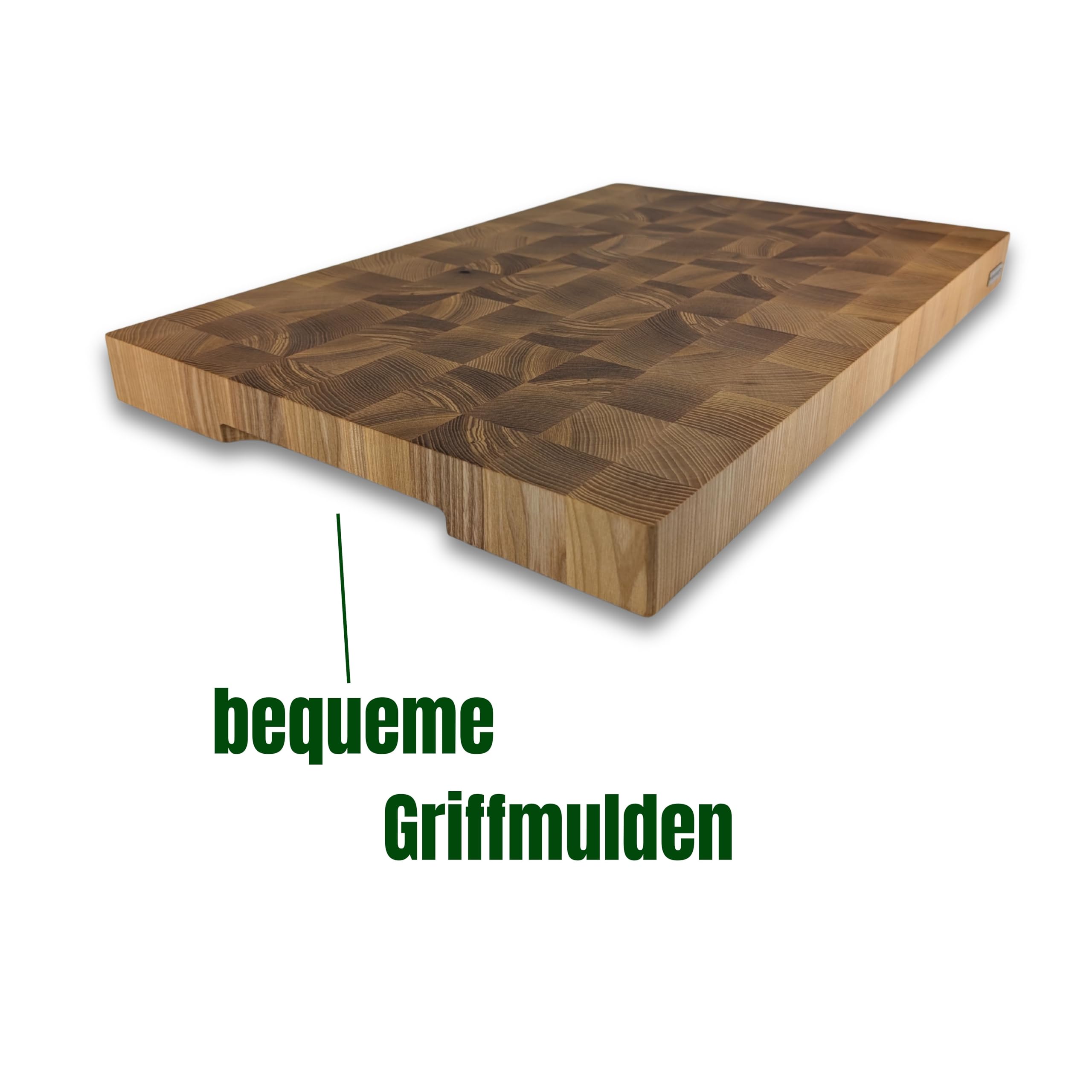 Premium Stirnholz Schneidebrett XXL aus Eschenholz – 60 x 40 x 4,5 cm Riesiger Hackblock ohne Saftrille, mit Griffmulden & Rutschfesten Silikonfüßen – Handgemacht in Manufaktur