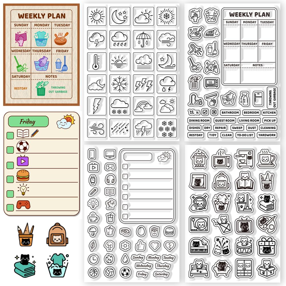 CHGCRAFT 4 Hojas 4 Estilos Iconos del Clima Diario Sellos Transparentes Tabla de Horarios Sello de Silicona para Álbumes de Recortes DIY y Elaboración de Tarjetas Decoración de Manualidades de Papel