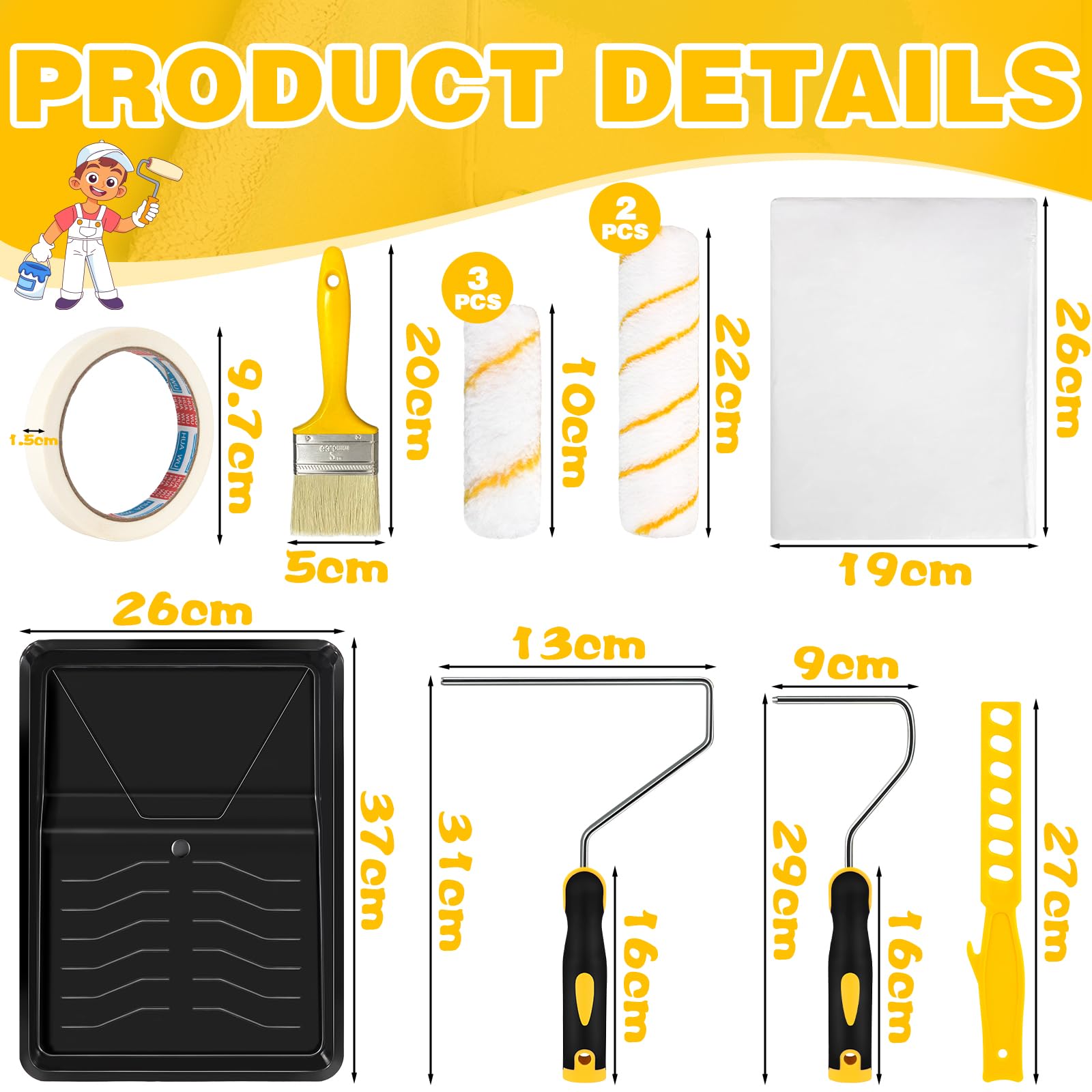 BBLTIFF 12pcs Kit Rodillo para Pintar Paredes, Kit Pintar Pared Kits de Herramientas de Pintura para Todo Tipo de Superficies y Pinturas Pelo Medio con Bandeja Mango Ergonómico para La Decoración - 3