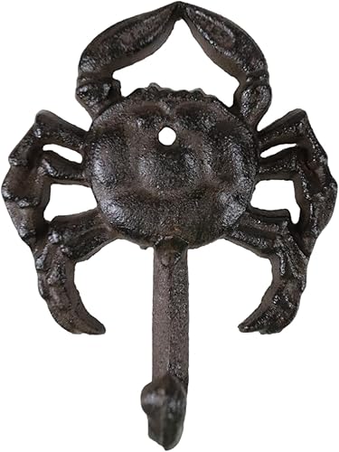 Ebros Gift Paquete de 2 ganchos de pared de hierro fundido rústico náutico costero mariscos mariscos cangrejo de pared para colgar abrigos, llaves,