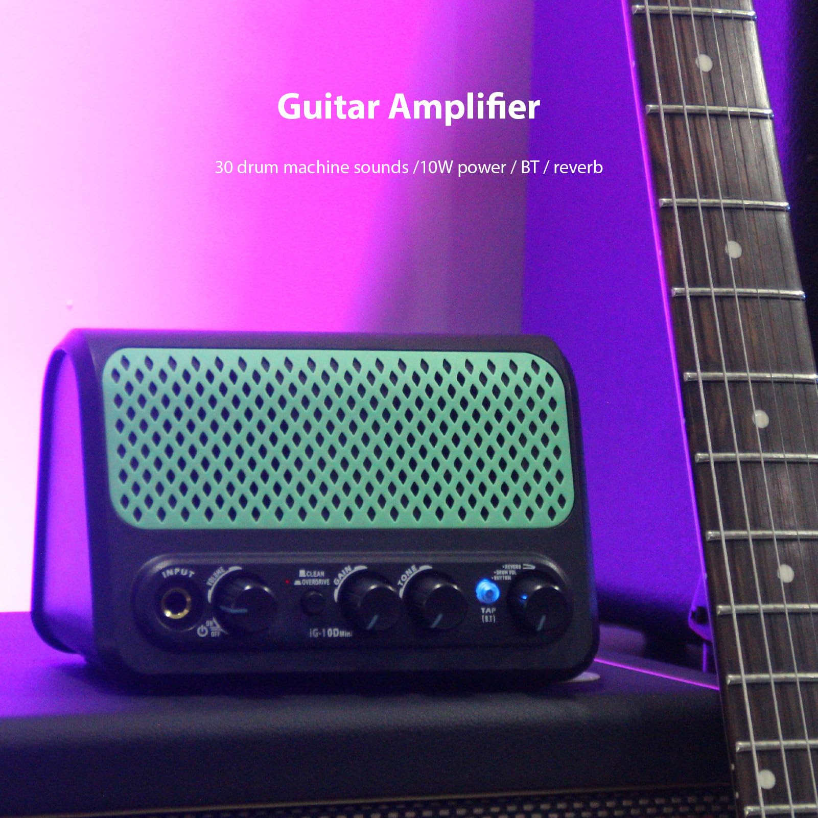 Cryfokt Amplificador de Guitarra DK Altavoz BT con 30 Modos de Caja de Ritmos 2 Tonos Efectos de Overdrive Limpios Entrada Auxiliar de Reverberación ABS Negro 1 Pieza