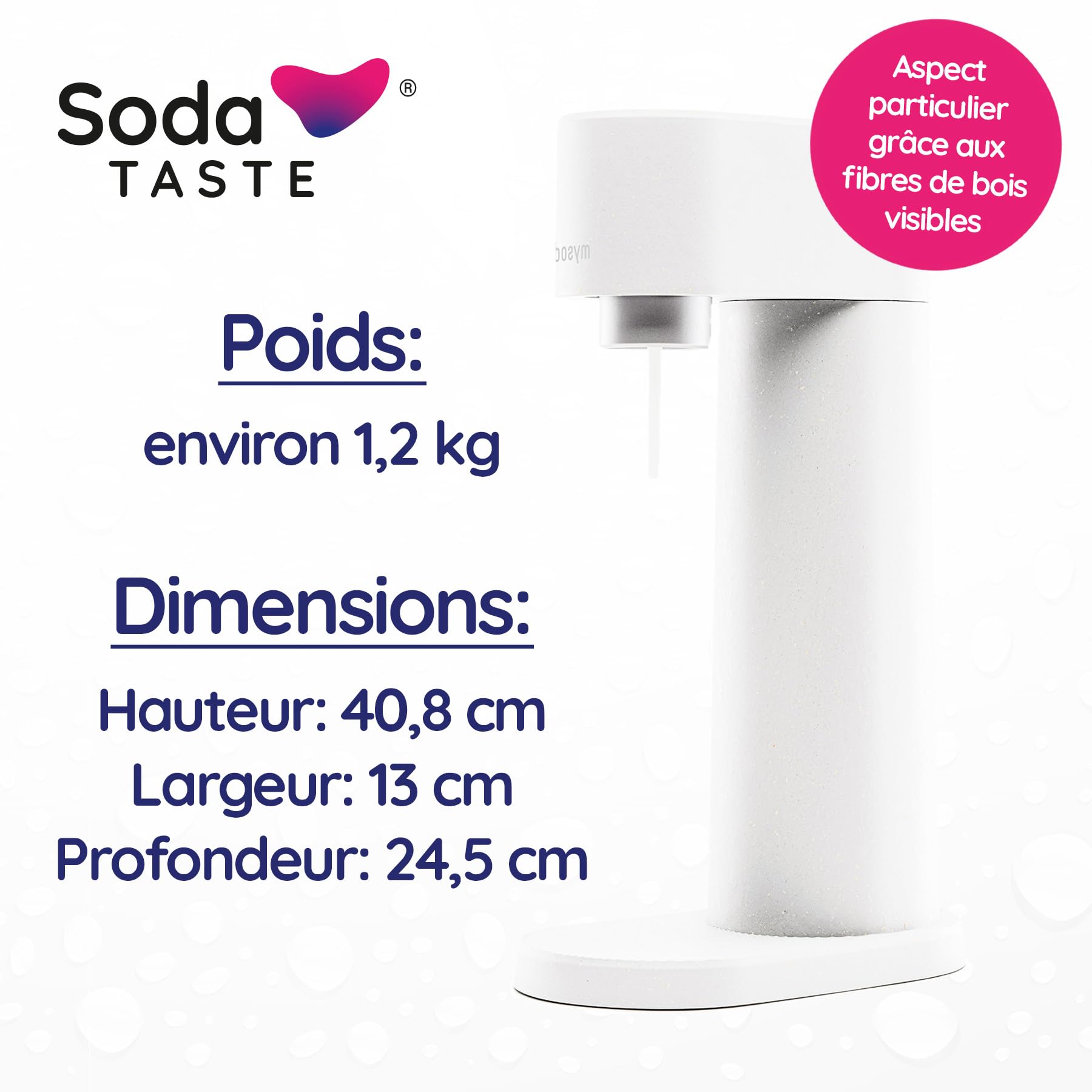 Pack économique : Mysoda Woody - Purificateur d'eau en bois composite renouvelable avec bouteille en plastique de 1 L sans BPA, cylindre de CO2 Classic + cylindre de CO2 Pomme (Blanc)