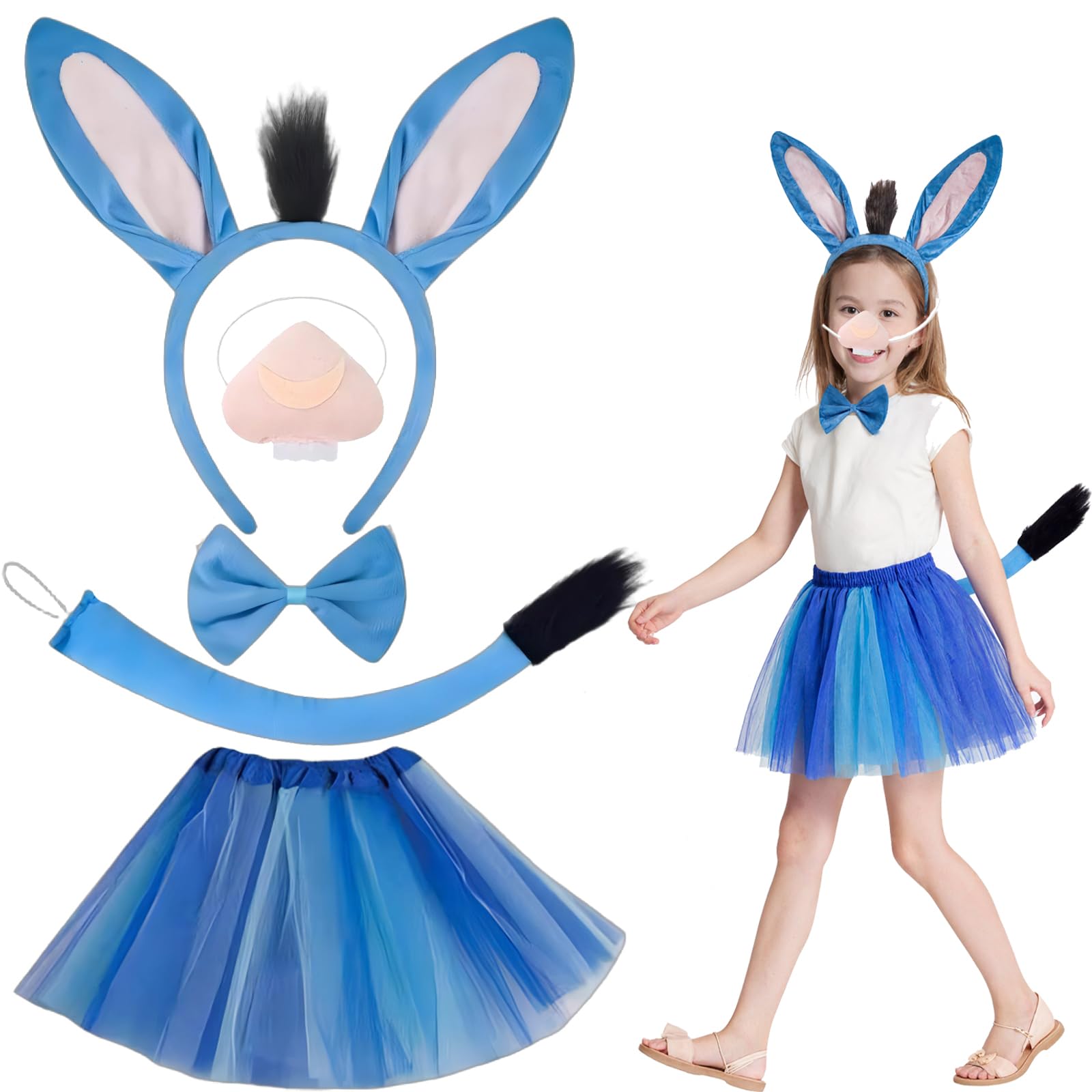 Gibocot 5PCS Kids Donkey Costume Set with Ears Headband, Blue Tutu Dress, Tail & Nose, Animal Fancy Dress for Girls 3-10 Years Halloween Nativity Play World Book Day Cosplay