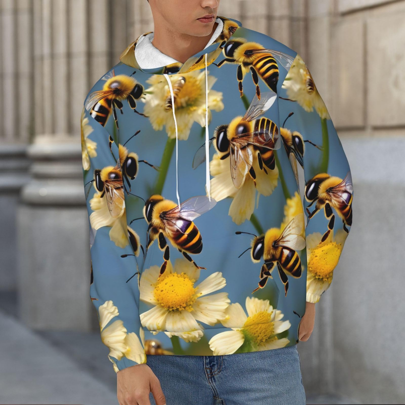 Męska bluza z kapturem z nadrukiem kwiatów pszczół, casualowa grafika z nadrukiem bluzy z kapturem z kieszenią