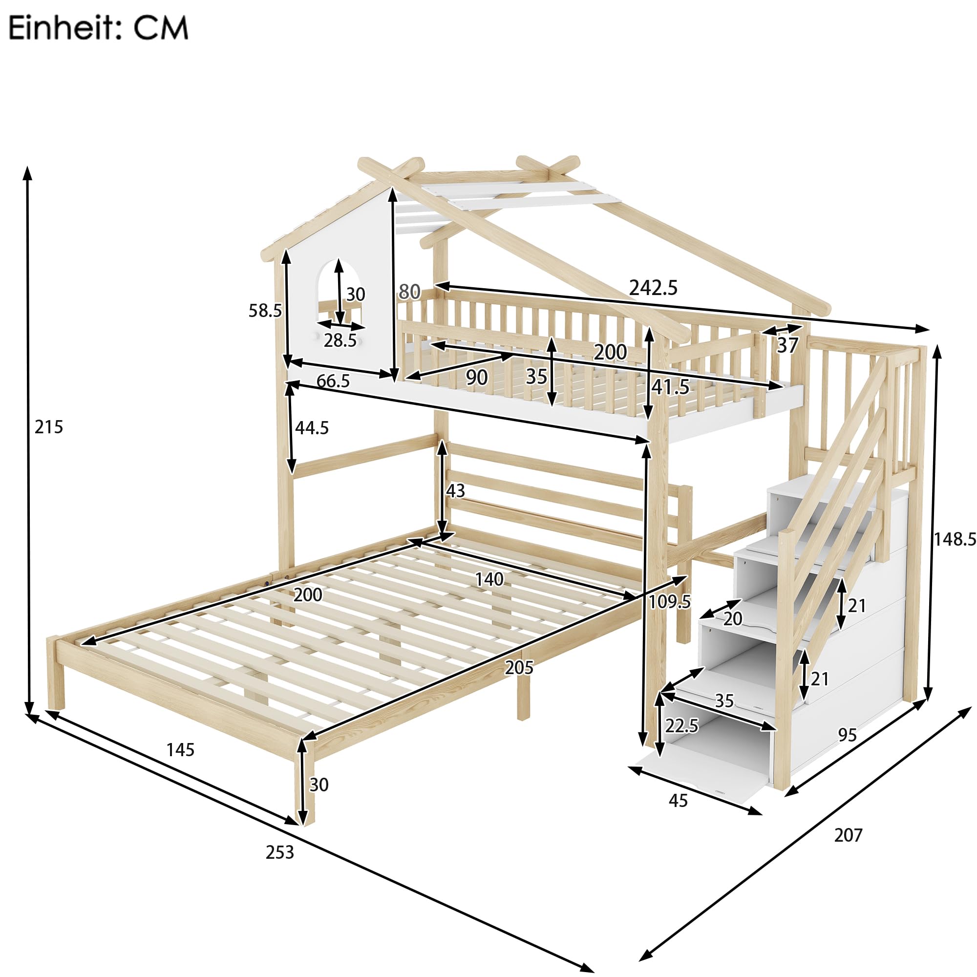 Lettino A Castello Con Scivolo E Scale Portaoggetti - Forma Di Casa - 140x200 Cm - Struttura In Legno Massello Bianco