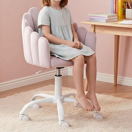 Miniatura 1 de LukeAlon Bonita silla de escritorio giratoria para niños, silla de estudio de terciopelo con ruedas y brazos, cómoda silla tapizada de altura