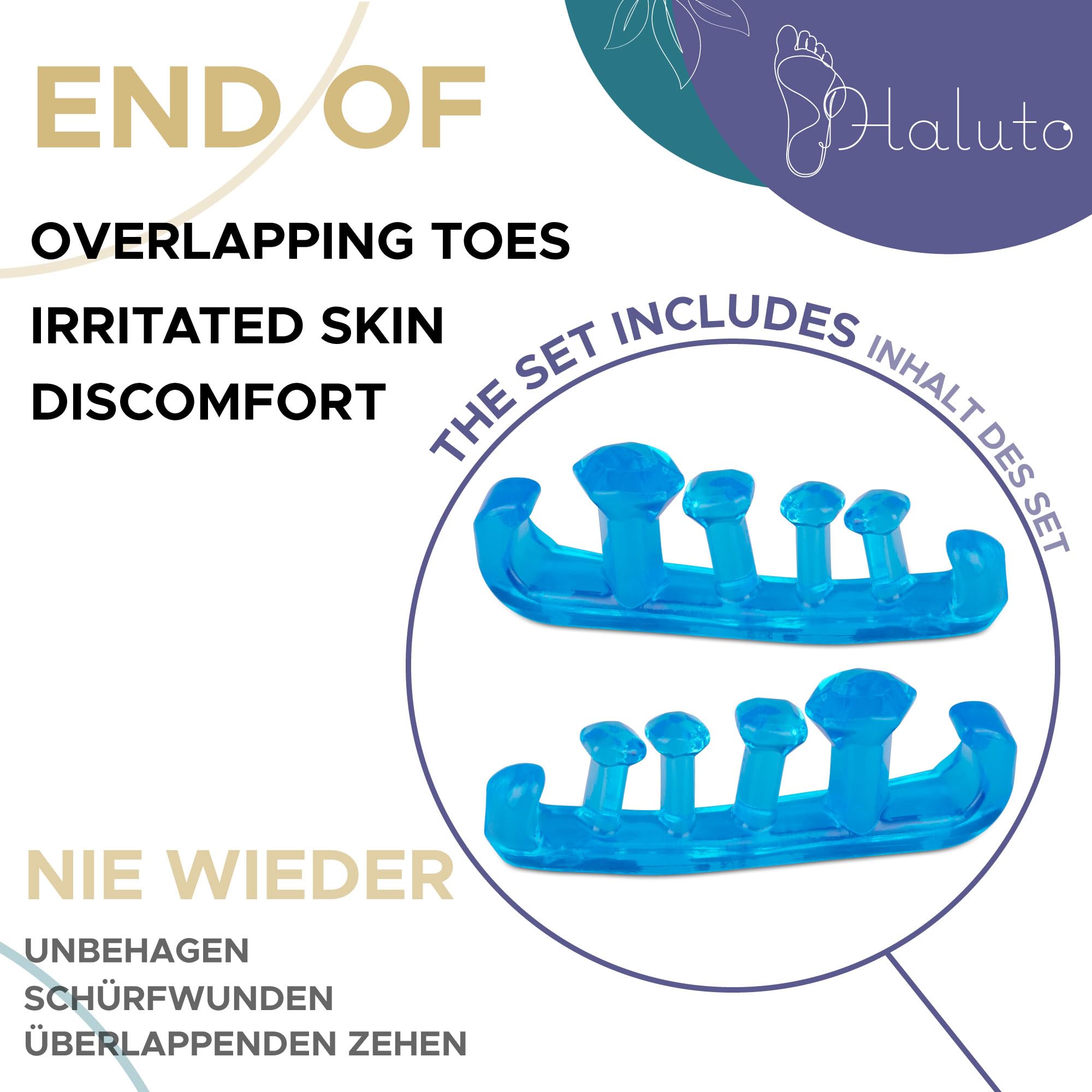 HALUTO separator palców - separator na haluksa i do pedicure - wielokrotnego użytku - korekcja palucha koślawego - separator palców silikonowy dla kobiet, mężczyzn - 3 rozmiary