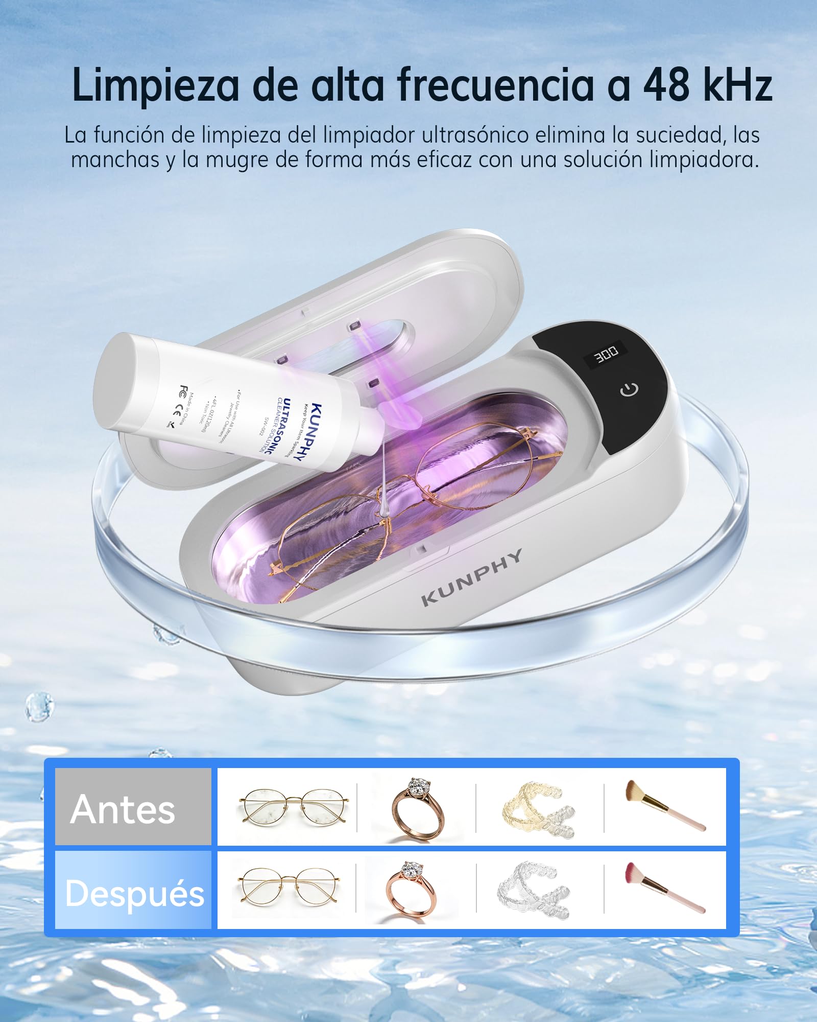 Dispositivo de limpieza ultrasónica, 48 kHz, limpiador ultrasónico silencioso, adecuado para joyas, aparatos ortopédicos y maquinillas de afeitar