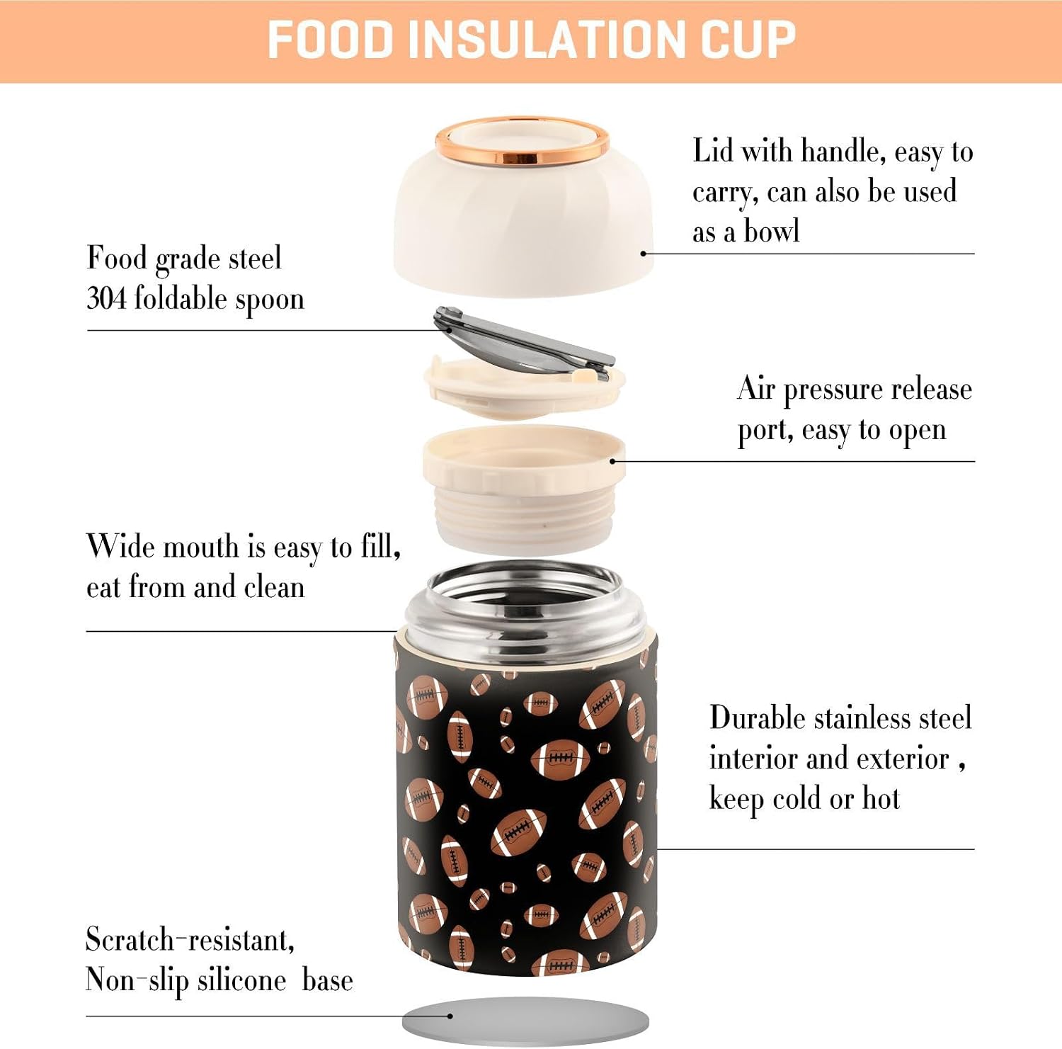 16OZ Vacuum Insulated Food Jar American Football Stainless Steel Hot Cold Food Thermo with Spoon for Kids and Adult, Lunch Container for School, Office, Picnic