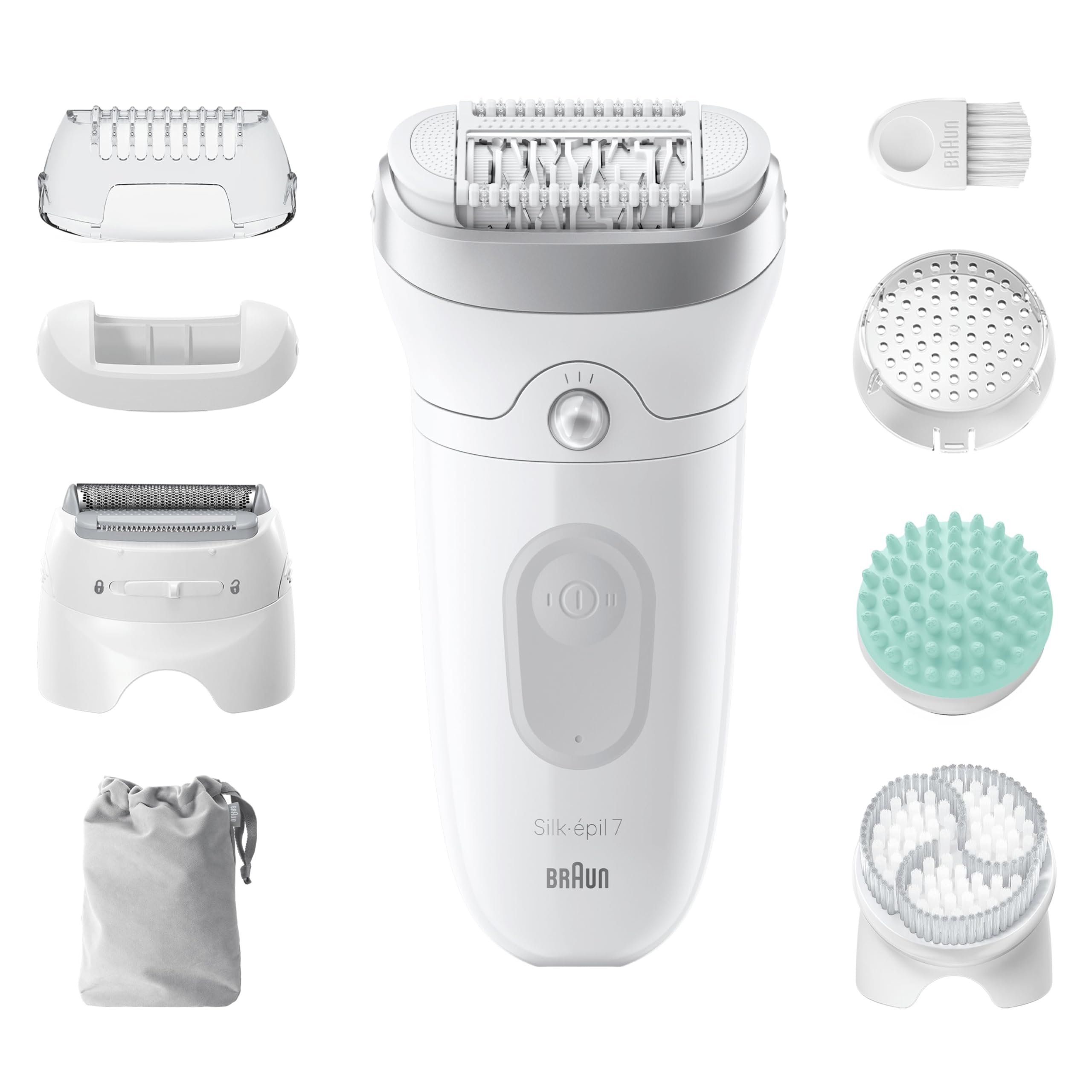 Braun Silk-épil 7 SkinSpa Épilateur Étanche Tête Large Sabot Tondeuse Kit Tout-En-Un Blanc/Argent