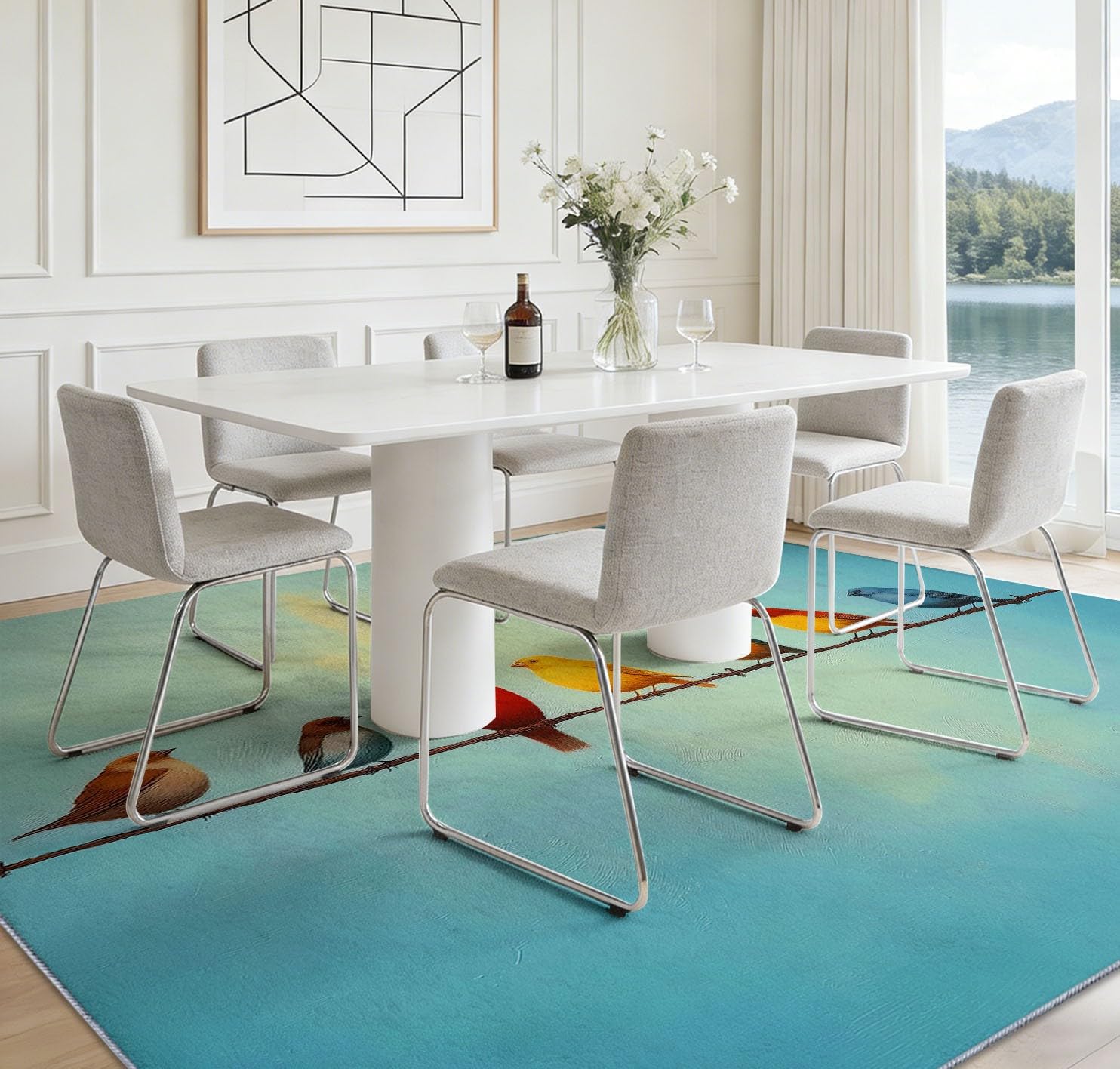 Générique Vintage 140 x 200 cm Moderne Tapis de Salon, Doux Cartoon Animal Oiseau Imprimé Tapis - Vert Sauge Moquette Antidérapant pour Salle à Manger Chambre Couloir Bureau Salle de Jeu