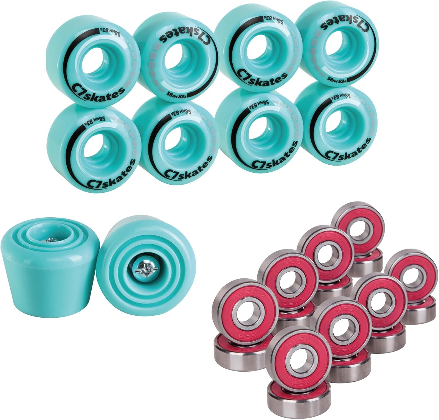 C7skates Roller Skate 58 mm Wheels, Stoppers, Bearings Bundle - Teal