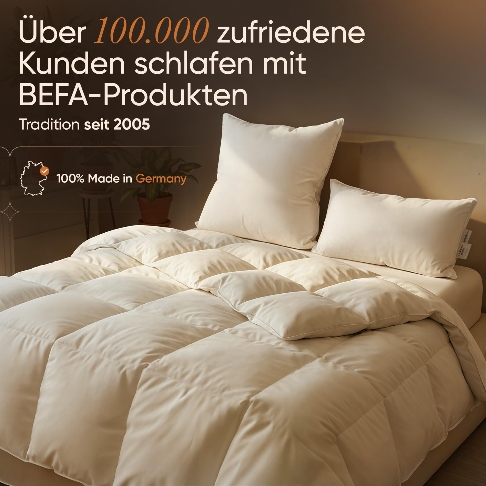BEFA NATUR Daunenkissen 80x80 cm | 3-Kammer Kopfkissen | 90% Daunen & 10% Federkissen | 1400g Füllgewicht |Allergiker geeignet (NOMITE) | Tierwohl (DOWNPASS) | Oeko-TEX Klasse 1 | Made in Germany