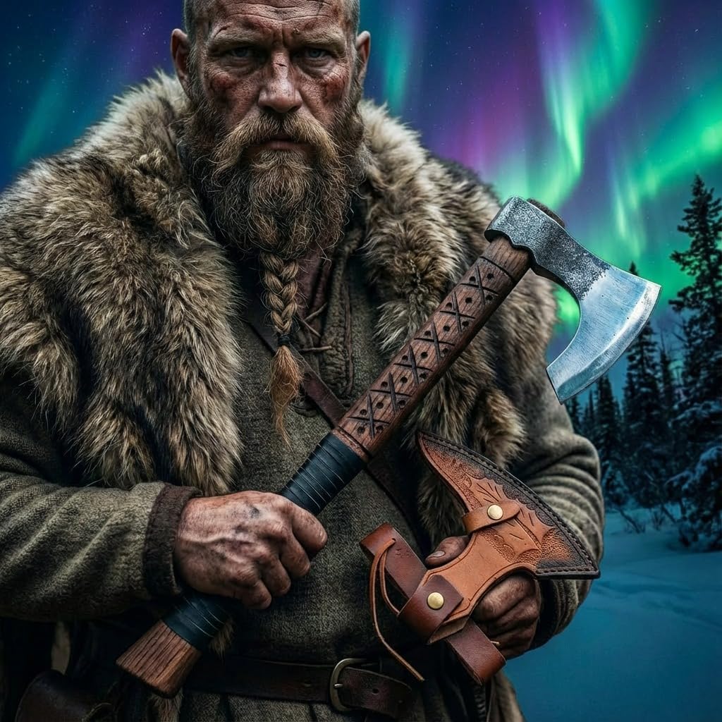Kacha Store | Custom Handmade Viking Medieval Ax with Gift,Hand Axes,Viking Gifts for Men,Camping Tomahawk,Bearded,Valhalla Axe with Leather Sheath (Battle Axe) (Ragnar Ax)