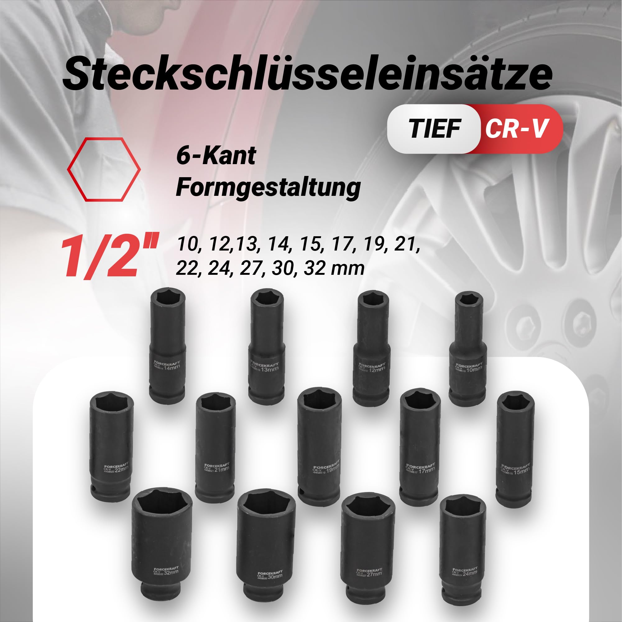 Schlagnuss-Satz 1/2" mit tiefen Schlagnüssen 13-tlg, Kraft Schlagschrauber-Nüsse Set