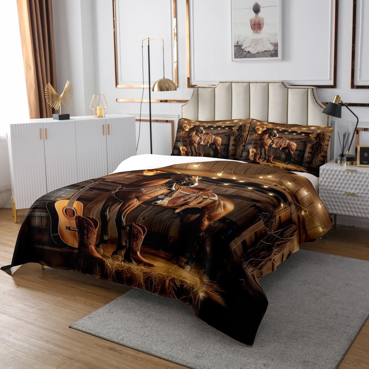 jejeloiu Western Horse Bedspread King Size Cowboy Coverlet Set Wild West Cowboy Quilted Coverlet for All Season with 2 Pillowcases Rustic Microfiber Lightweight