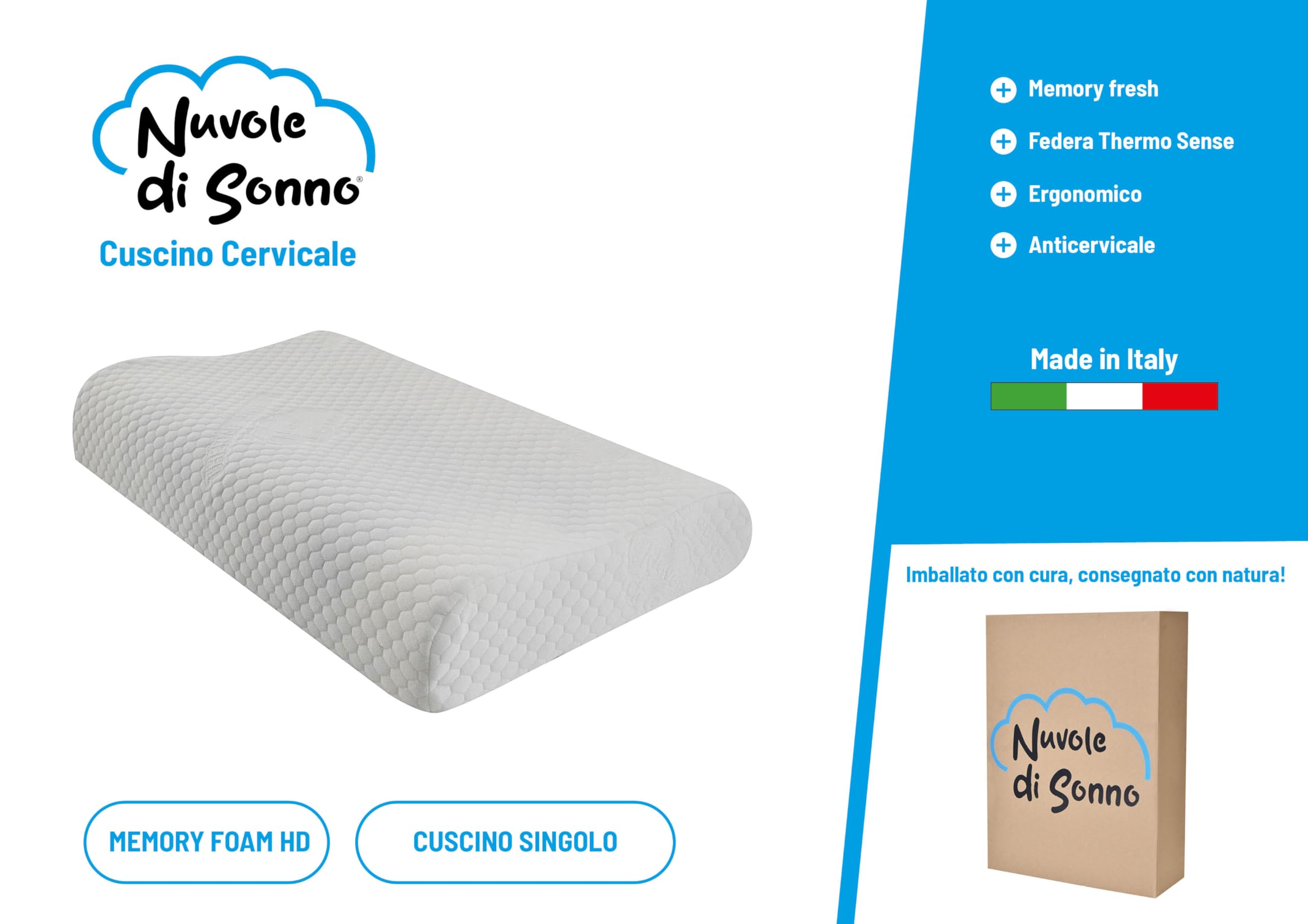Kaysa Cuscino Cervicale Memory Foam HD Doppia Onda Ortopedico | Guanciale Traspirante da Letto, Rivestimento Lavabile, Ergonomico, Correttore per Collo, Made in Italy