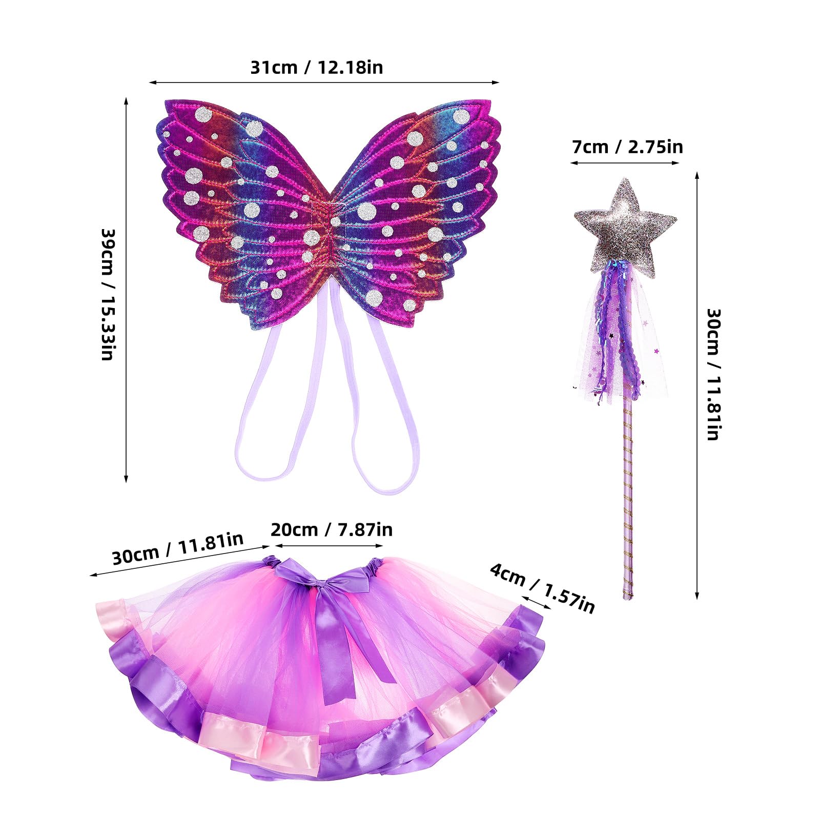 JOINPAYA 3pcs Fairy Wings Costume Kids: 15.33X12.18X0.51in Butterfly Wings Fairy Wand Tutu Skirt Wand Set Costume for Girls Halloween Christmas Dressing Up Cosplay - Image 2