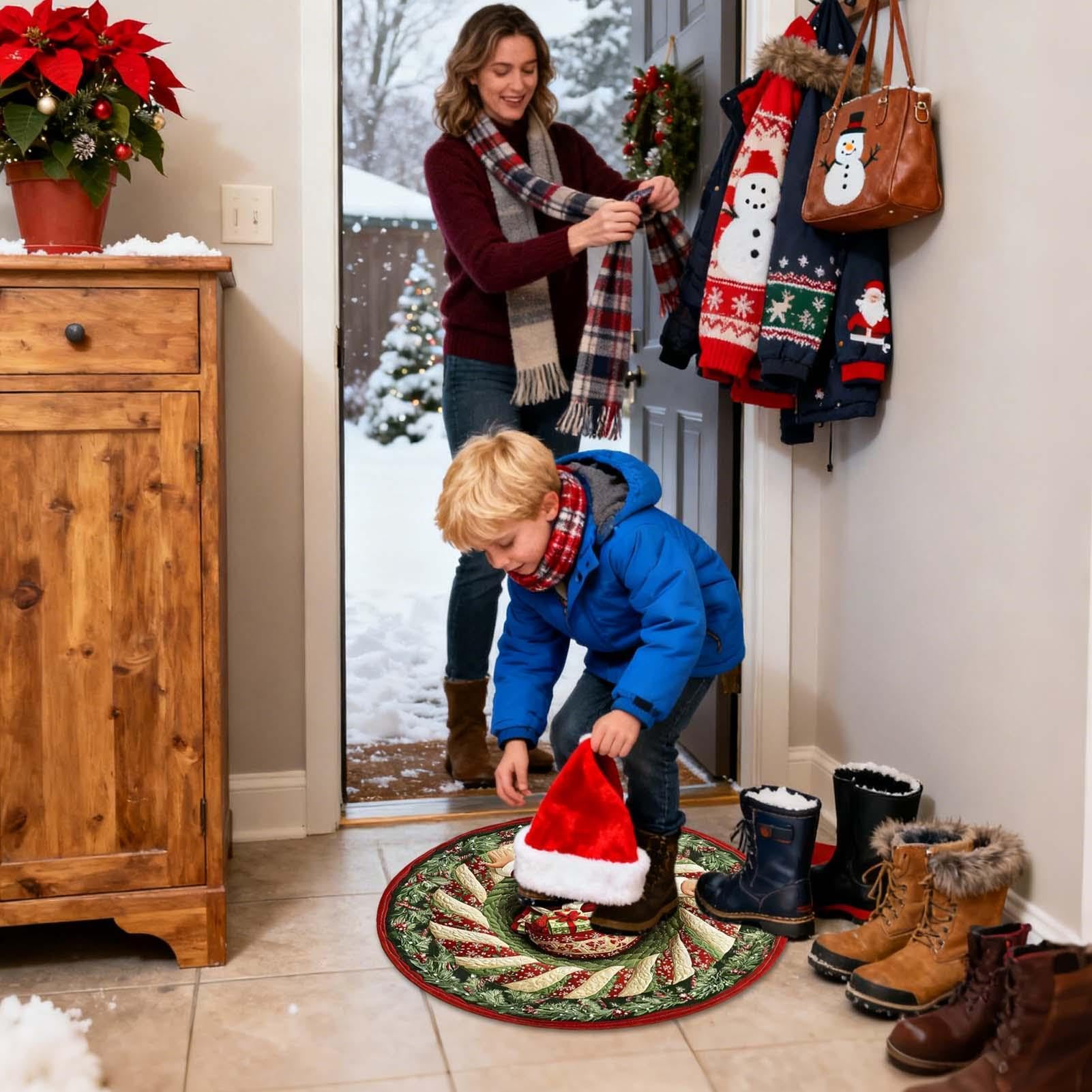 Tapis Rond De Noël en Illusion 3D Tapis Père Noël Anti-Dérapant 3D