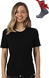 Merino.tech Merino Wool T Shirt Women - 100% Merino Wool Base Layer Women Short Sleeve Moisture-Wicking Tee and Hiking Socks X-Small .Black Crewneck