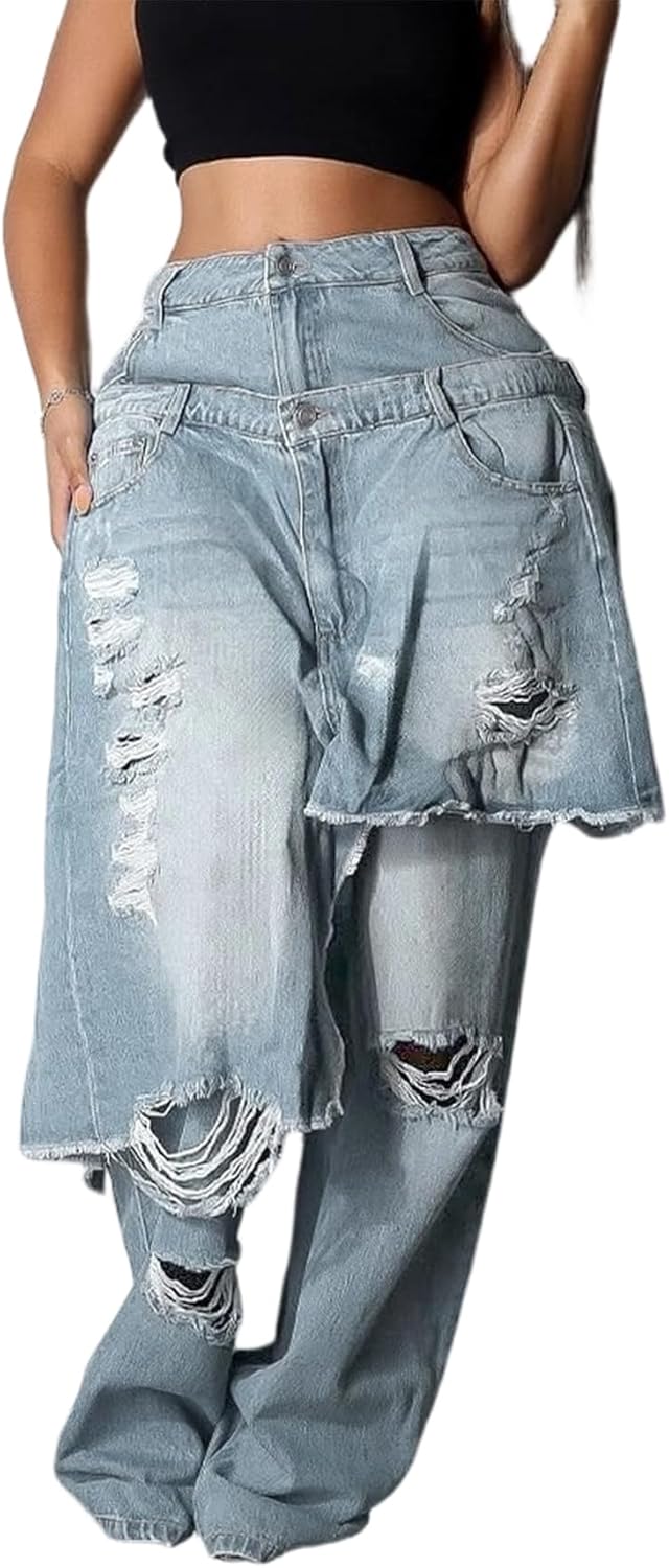 LETSVDO Women Ripped Patchwork Jeans Straight Wide Leg Asymmetrical Double Waist Denim Pants Baggy Y2k Trouser Streetwear