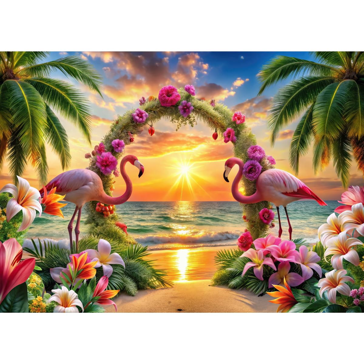 7x5ft Flamingo Beach Backdrop Tropical Sunset Photography Background Pink Flamingo Arch Flower Ocean Sunset Party Decoration Banner for Birthday Baby