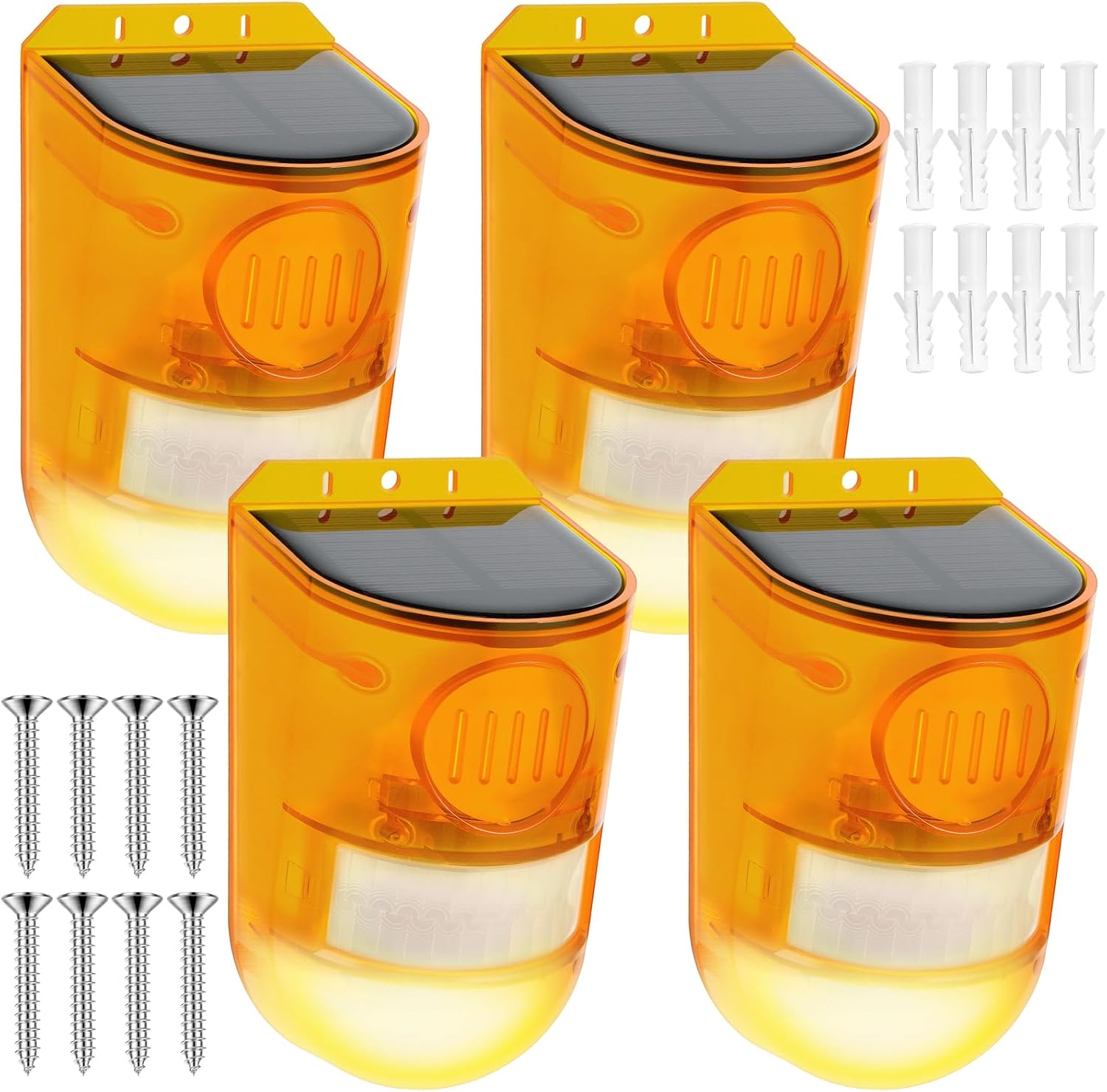Qualirey 4 Pack Photo voltaic Sound and Gentle Sensor Movement Alarm Outside Photo voltaic Movement Detector Siren Animal Deterrent Strobe Warning Crimson Gentle Loud Noisemaker for Residence Backyard Yard Safety