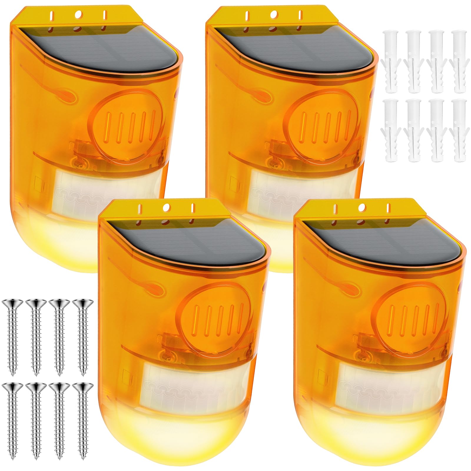 Qualirey Paquete de 4 sensores solares de sonido y luz, alarma de movimiento para exteriores, detector de movimiento solar, sirena disuasoria de animales, advertencia estroboscópica, luz roja, ruidosa