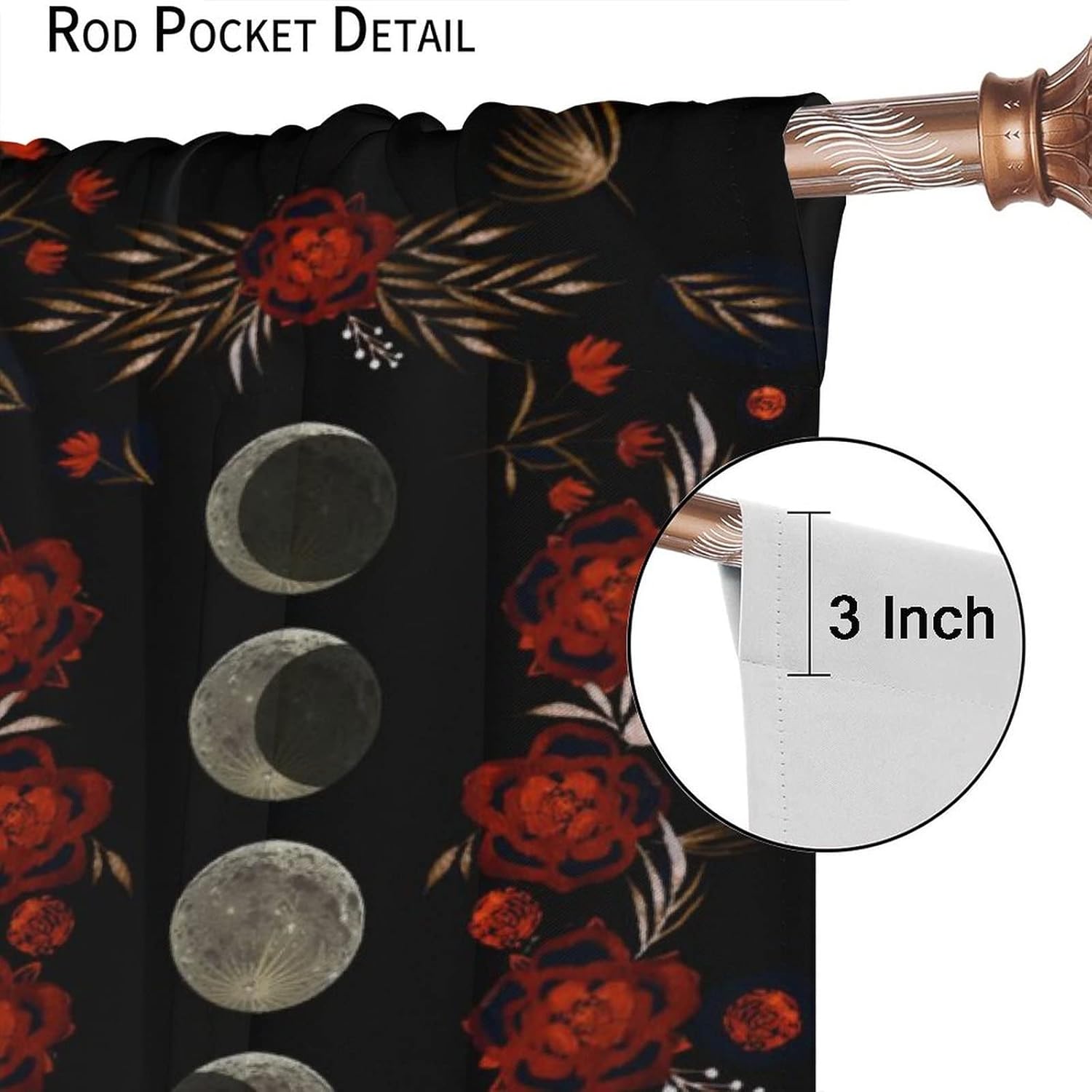 Moon Floral Curtains Black Flower Wildflower Phase Moonlit Garden Boho Spring Vines Nature 2 Panel Window Treatment Set for Bedroom Living Room Decor 55x63 Inch Blackout