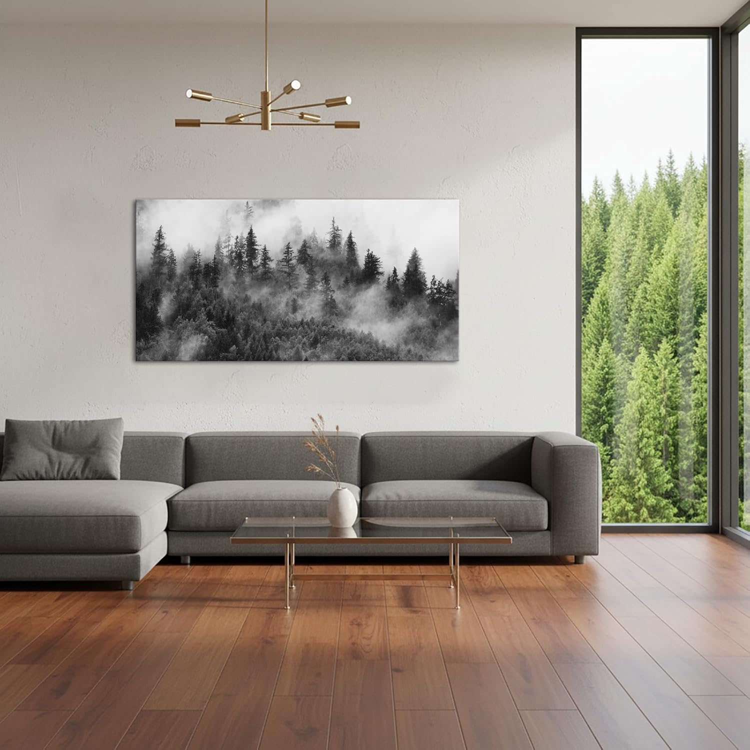 sechars Misty Forest Canvas Wall Art Foggy Mountain Picture Canvas Print Black and White Nature Landscape Painting Artwork 24x48 Inch (Black)
