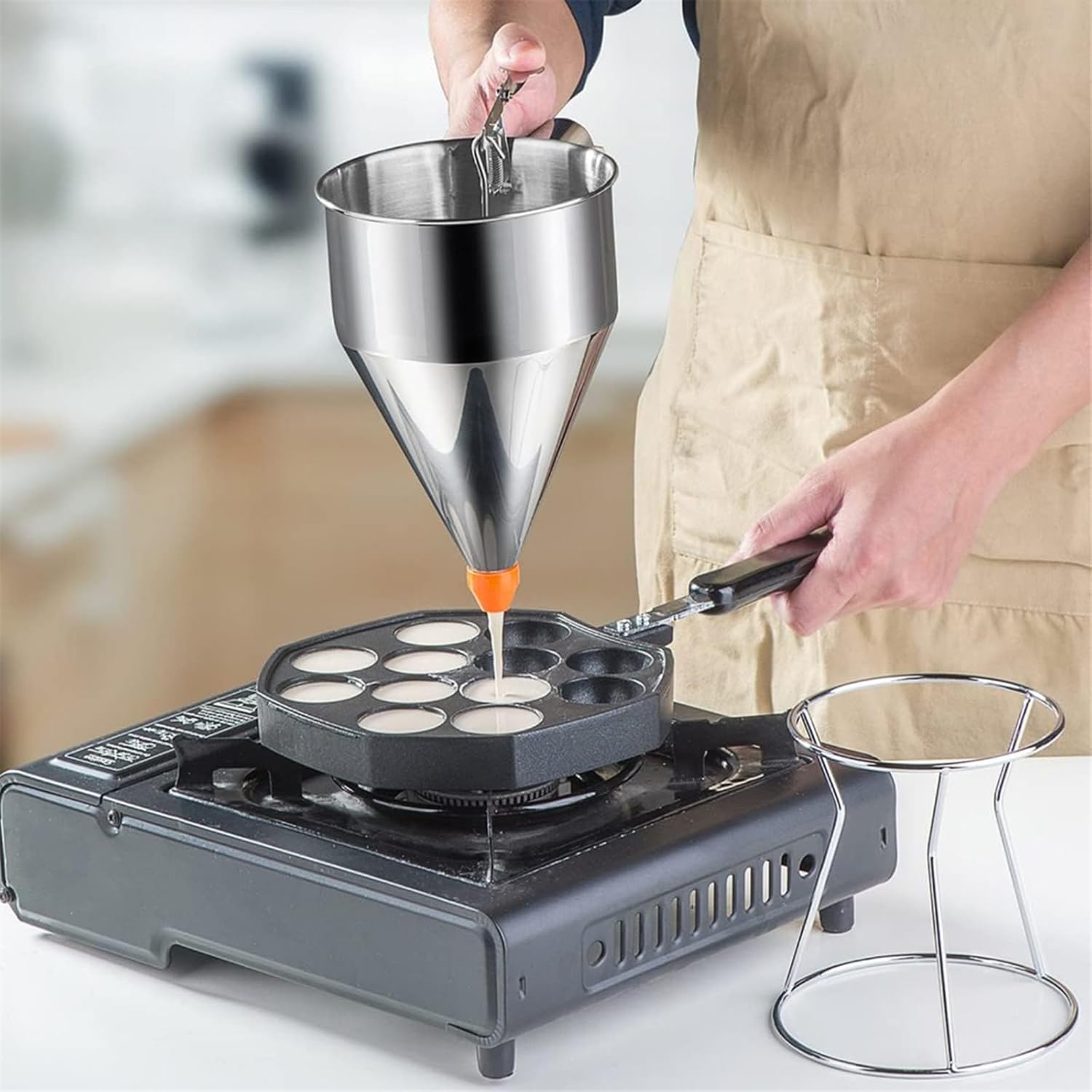 Professional Pancake Batter Dispenser Stainless Steel Batter Funnel Suitable for Baking Cupcake Waffles with Stand