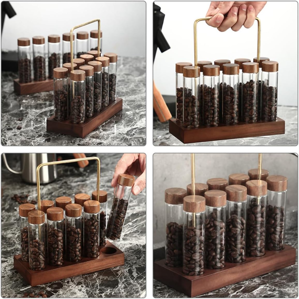 Glass Coffee Bean Storage Tubes with Wooden and Brass Stand Airtight Coffee Bean Display Jars to Preserve Flavor Easy to Assemble for Kitchen and Apartments