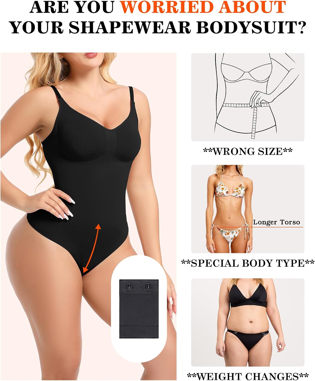 2PC-Bodysuit Extender 2 Snap For Women Adjustable Crotch Add 3" Length To Shapewear Bodysuit Crotch Extender