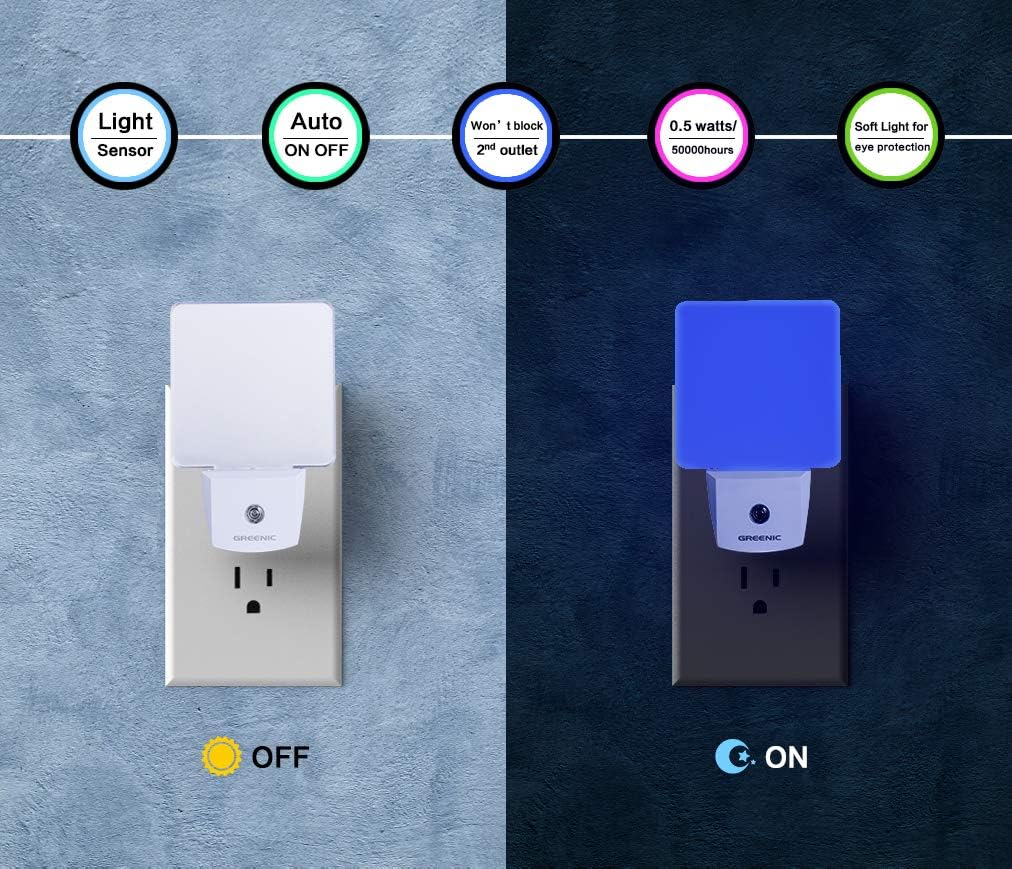 LED Night Light Plug in 4 Pack, Dusk to Dawn Photocell Sensor, Nightlights for Bedroom Bathroom Kitchen, Square Design Blue