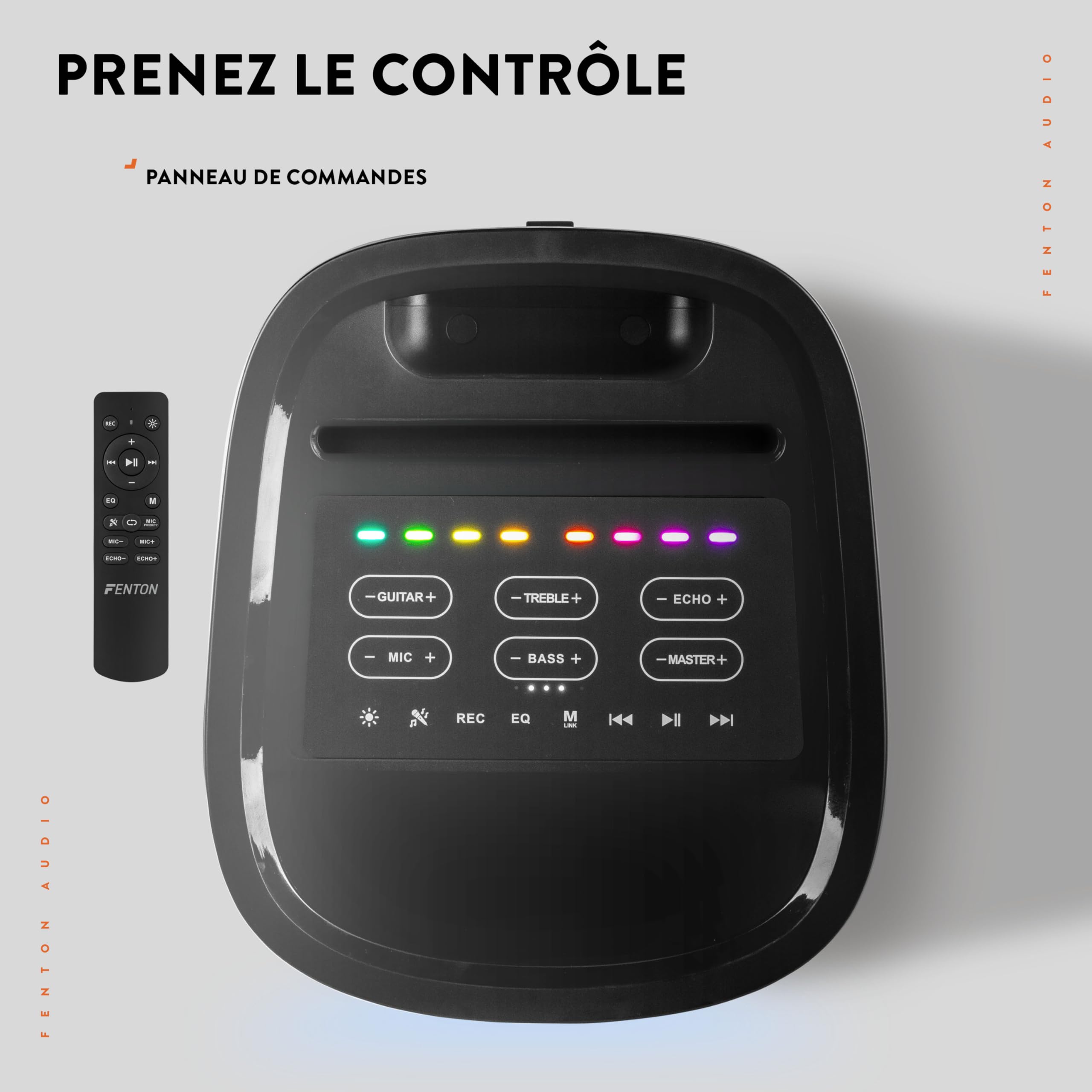 Fenton Pulse130 Enceinte de Soirée Lumineuse Bluetooth - 260 Watts, Batterie Longue Autonomie 12H, Résistance aux Éclaboussures IPX4, Idéale pour Toutes Vos Soirées en Intérieur ou Exterieur