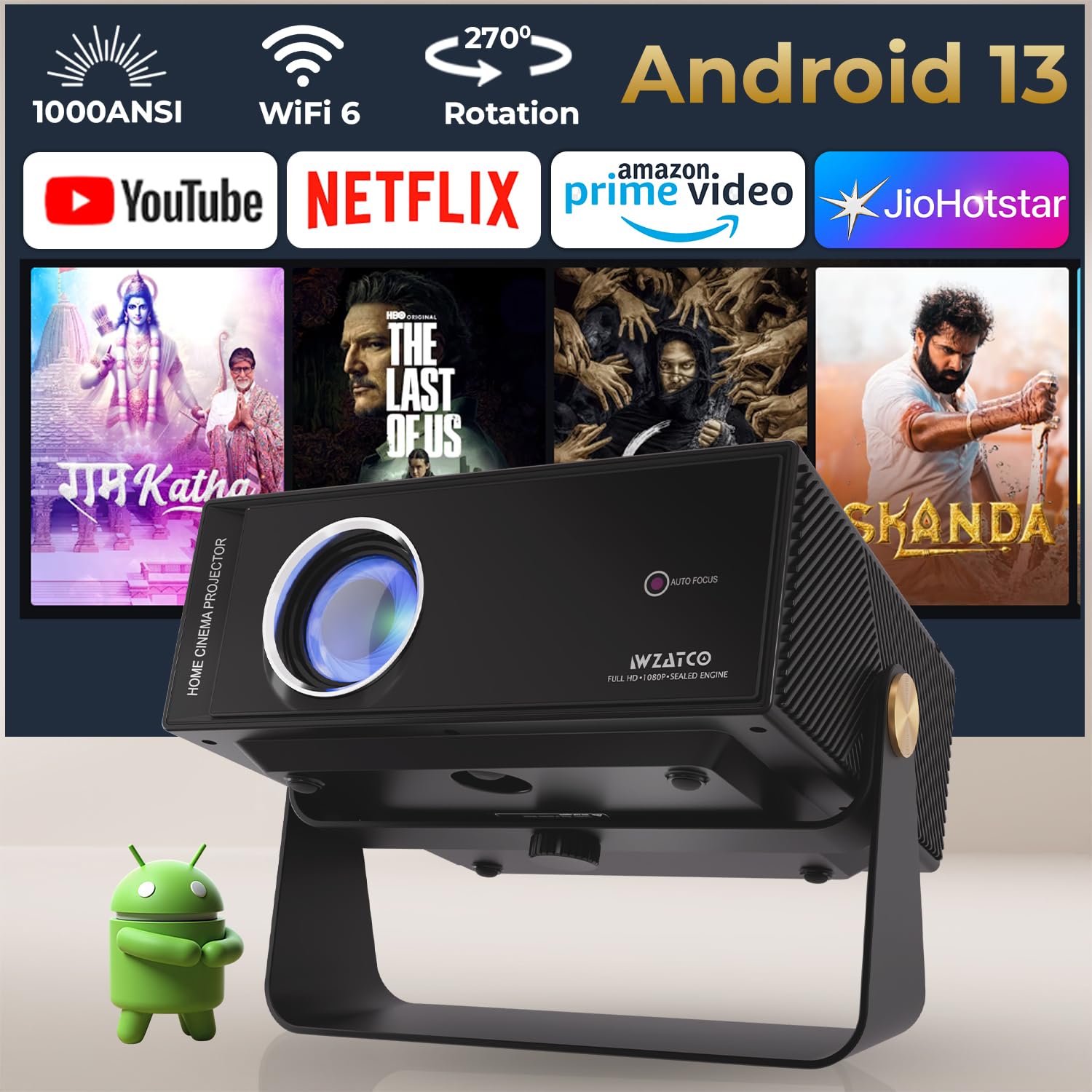 WZATCO Yuva Blaze showing Android 13 interface with streaming apps