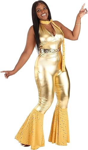 Vista 3 de Dreamgirl - Disfraz de discoteca de los años 70 para mujer, mono retro dorado para adulto, disfraz de zorro de discoteca para Halloween