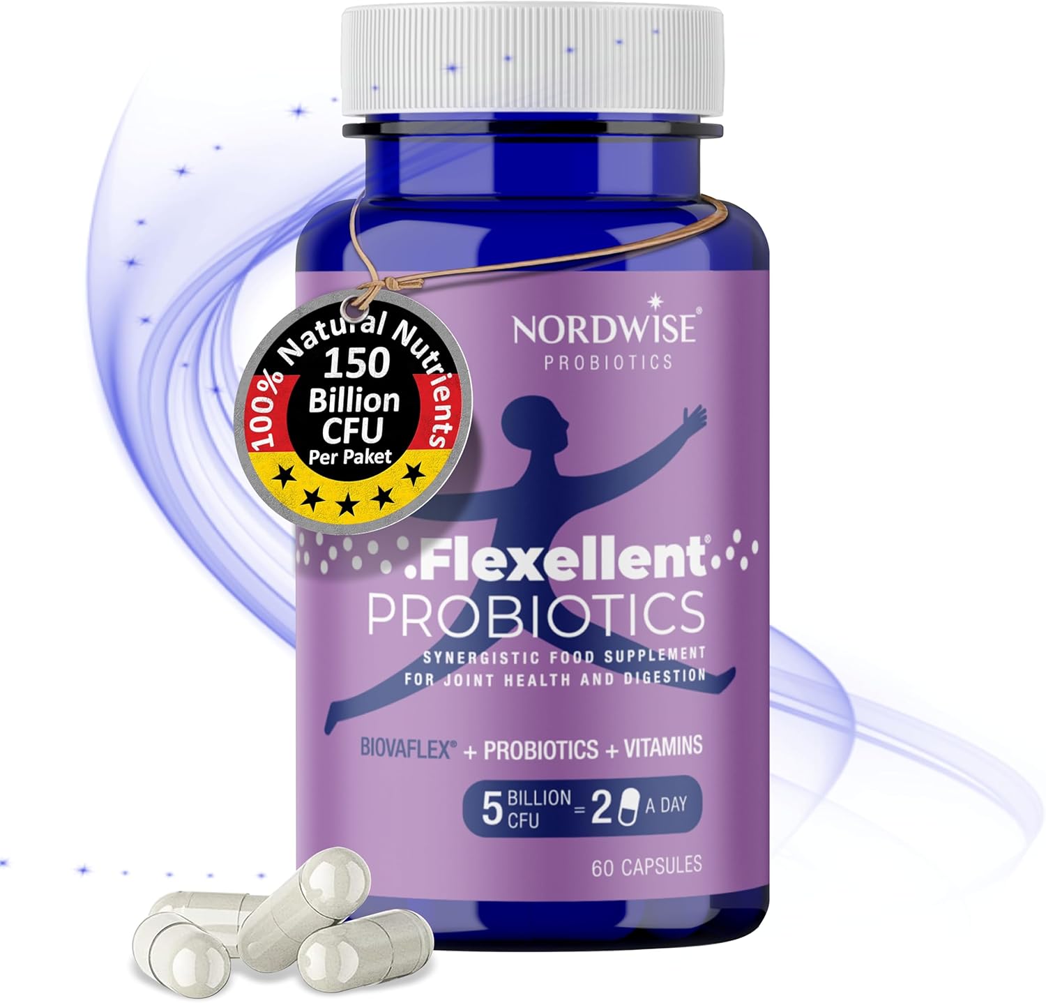 Probiotics for Joint & Gut Health by Nordwise I 1-Month Supply (150 Billion CFU/Bottle) I Full Digestion Support I Natural Nutrients I Made in EU