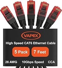 VAPEX Cat 6 Ethernet Cable, 7FT/2.1M, [5Pack], High Speed LAN Cable, Outdoor/Indoor Network Cable, Patch Cables with Gold RJ45, 10 Gbps Ethernet Cord for Gaming Consoles, Smart TV, PC, Router, Modem