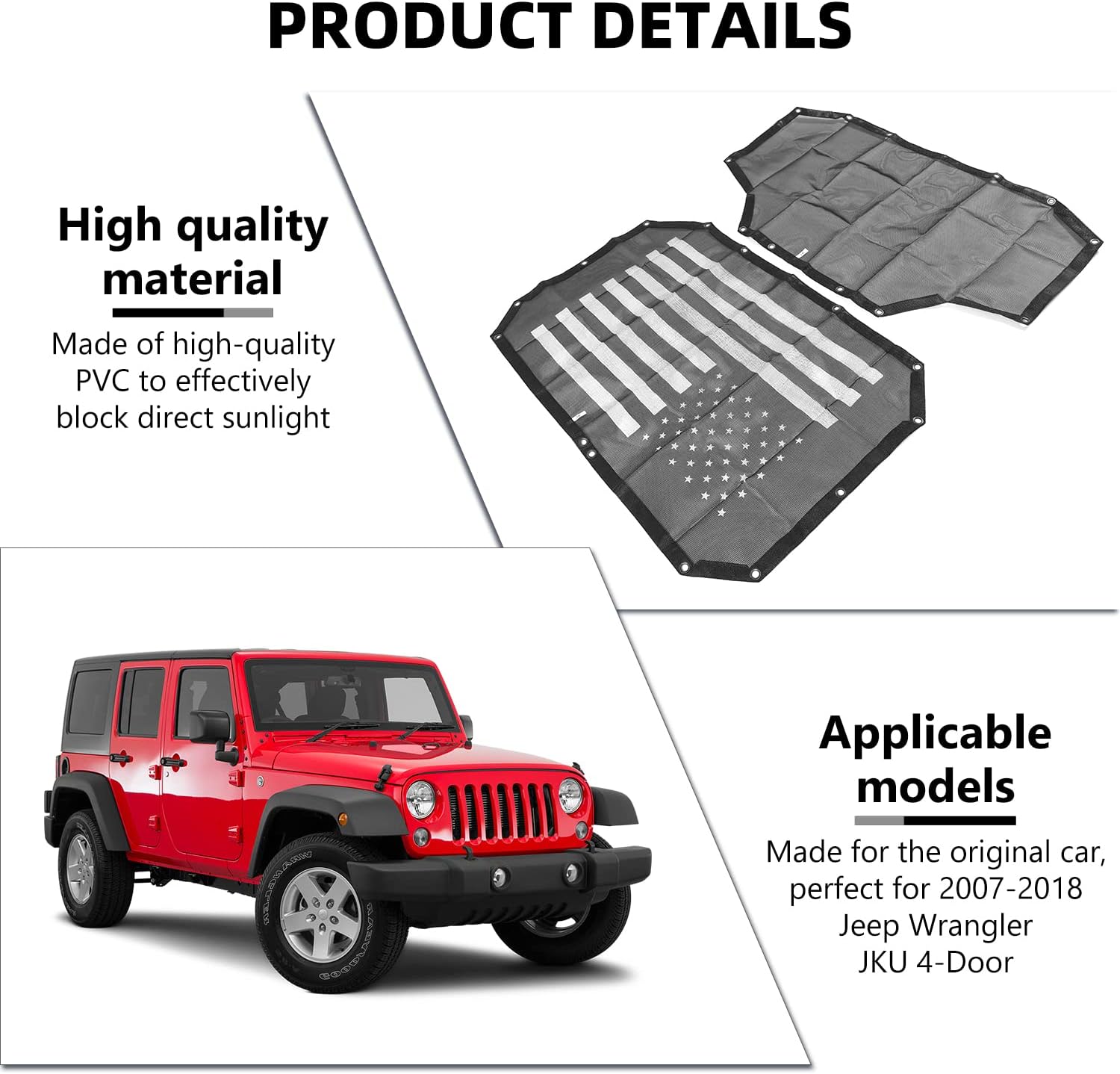 RAZPOY Sunshade Mesh for JK Accessories, Sun Shade Bikini Top Cover Provides UV Sunshade Protection for Jeep Wrangler JKU 2007-2018 4-Door(USA Flag Black)
