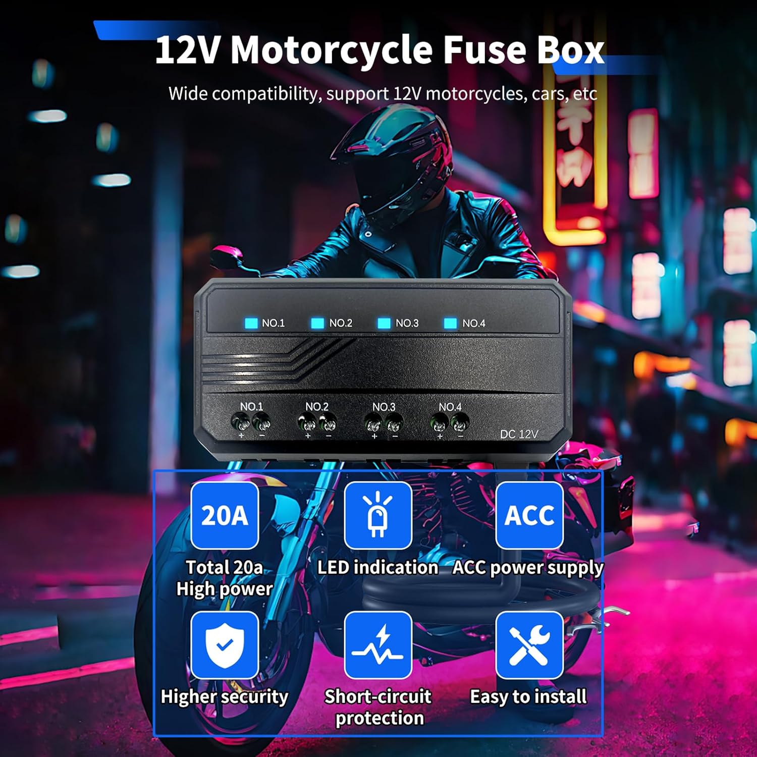 12V Universal Motorcycle Fuse Block with Relay Box Kit, LED Warning Indicator,Small Automotive Fuse Block with 4 Circuits Blade Fuse Holder