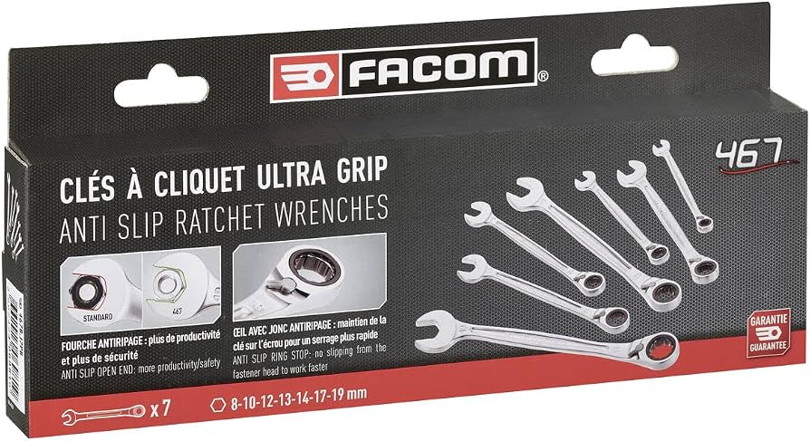 ファコムレンチセット Facom Set of 7 Metric Ratchet Spanners 8 to 19 mm – Ultra-Grip Non
