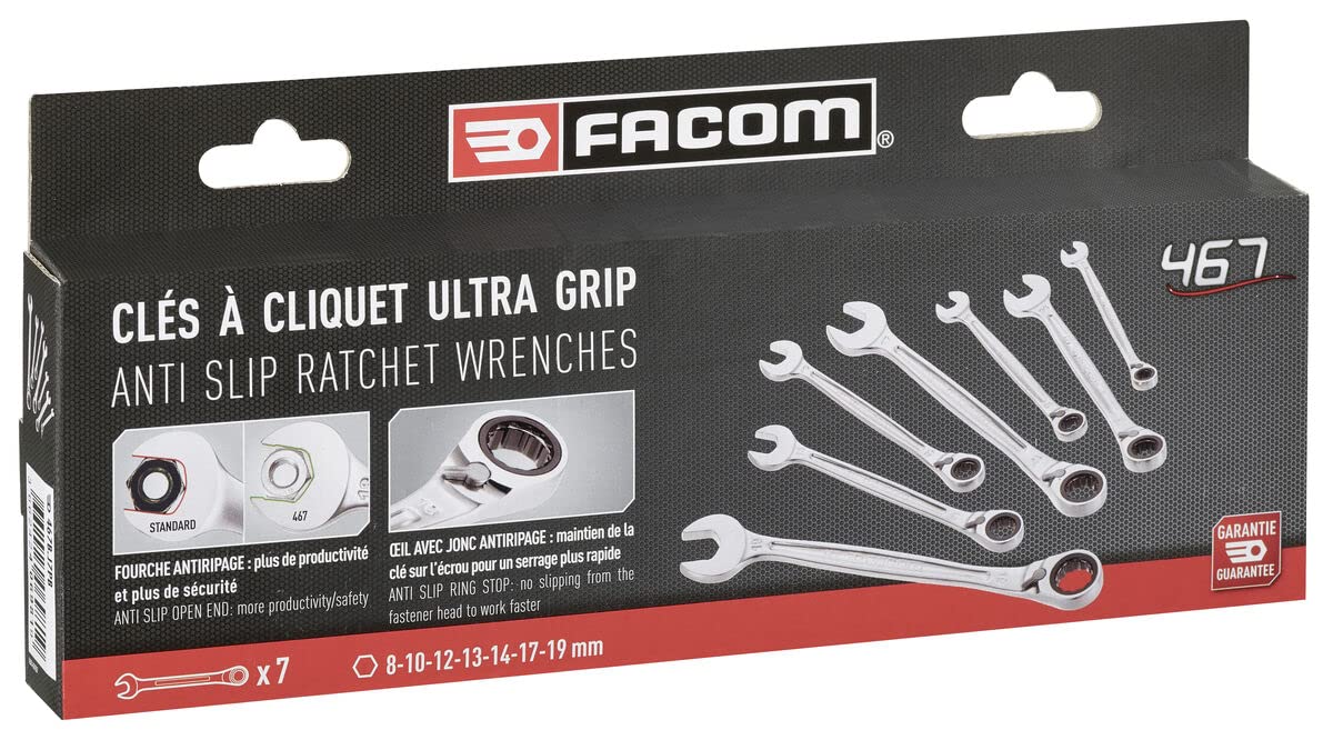 FACOM Jeu de 7 Clés Mixtes à Cliquet Métriques 8 à 19 mm - Système Ultra-Grip Antidérapant - Mécanisme à Cliquet Compact Réversible Par Levier - Résiste Aux Produits Chimiques