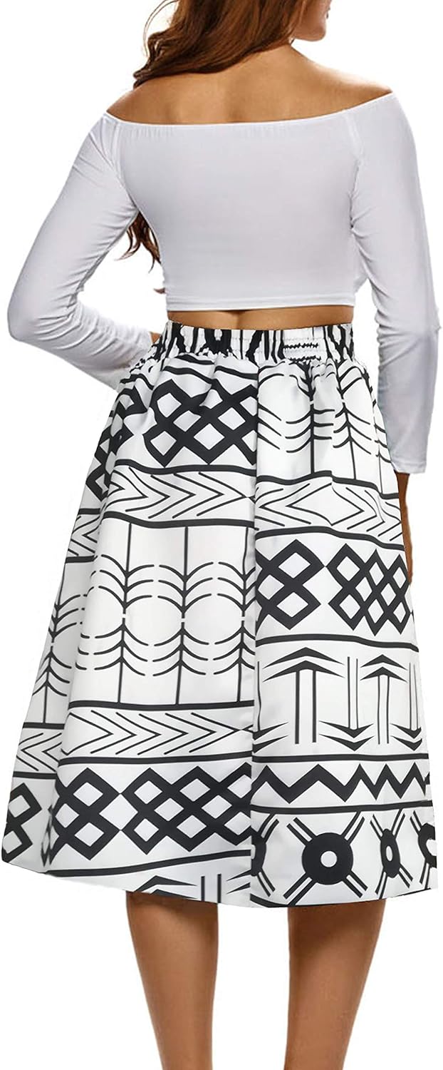 Afibi Womens African Print Skirt Boho Flare Pleated Midi Skirt with Pockets - Image 3