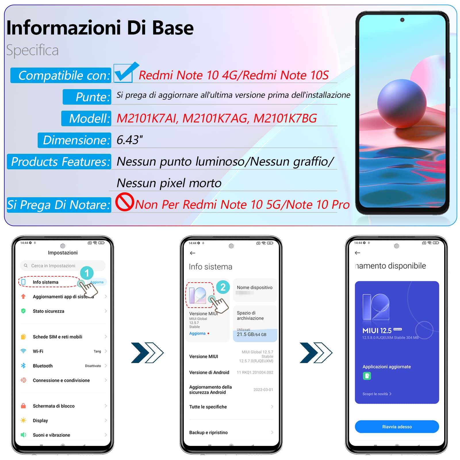 RongZy LCD Schermo per Xiaomi Redmi Note 10 4G / Redmi Note 10s / Poco M5S Display Digitizer Assembly Vetro di Ricambio Touch Screen con Strumenti(Incell)