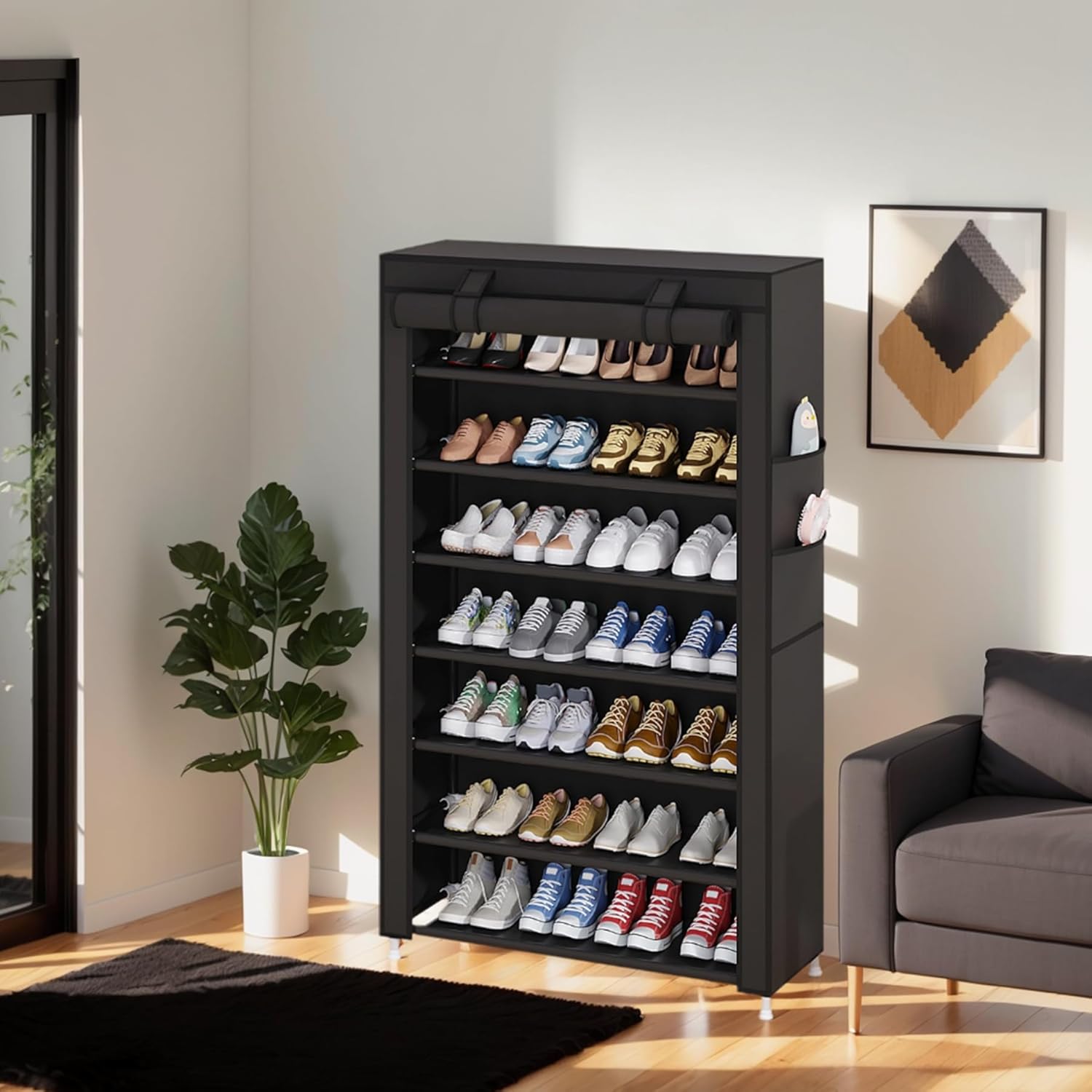 Laiensia 7-Tier Vertical Shoe Rack Organizer, Space Saving Shoe Storage Organizer, Non-Woven Cover Shoe Shelf Holds 28-35Pairs for Bedroom, Hallway, Closet Entryway, Black