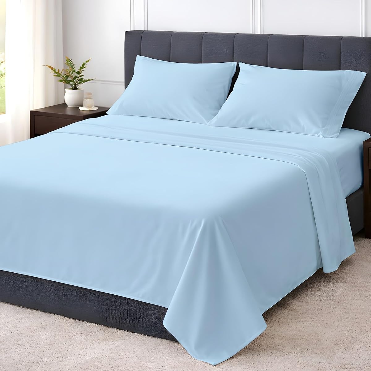 Shreem Linen Queen 4 Piece Sheet Set, Ultra Soft Microfiber Bed Sheets Queen Size, Breathable Cooling Bedding, Deep Pocket Fits 8–16 Inch Mattress, Light Blue