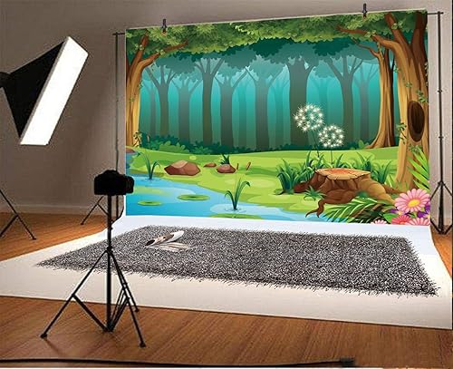 Miniatura 3 de Leyiyi Fondo de fotografía de bosque encantado de 7 x 5 pies, cuento de hadas, mundo, bosque, primavera, flores, río, caricatura, telón de fondo,