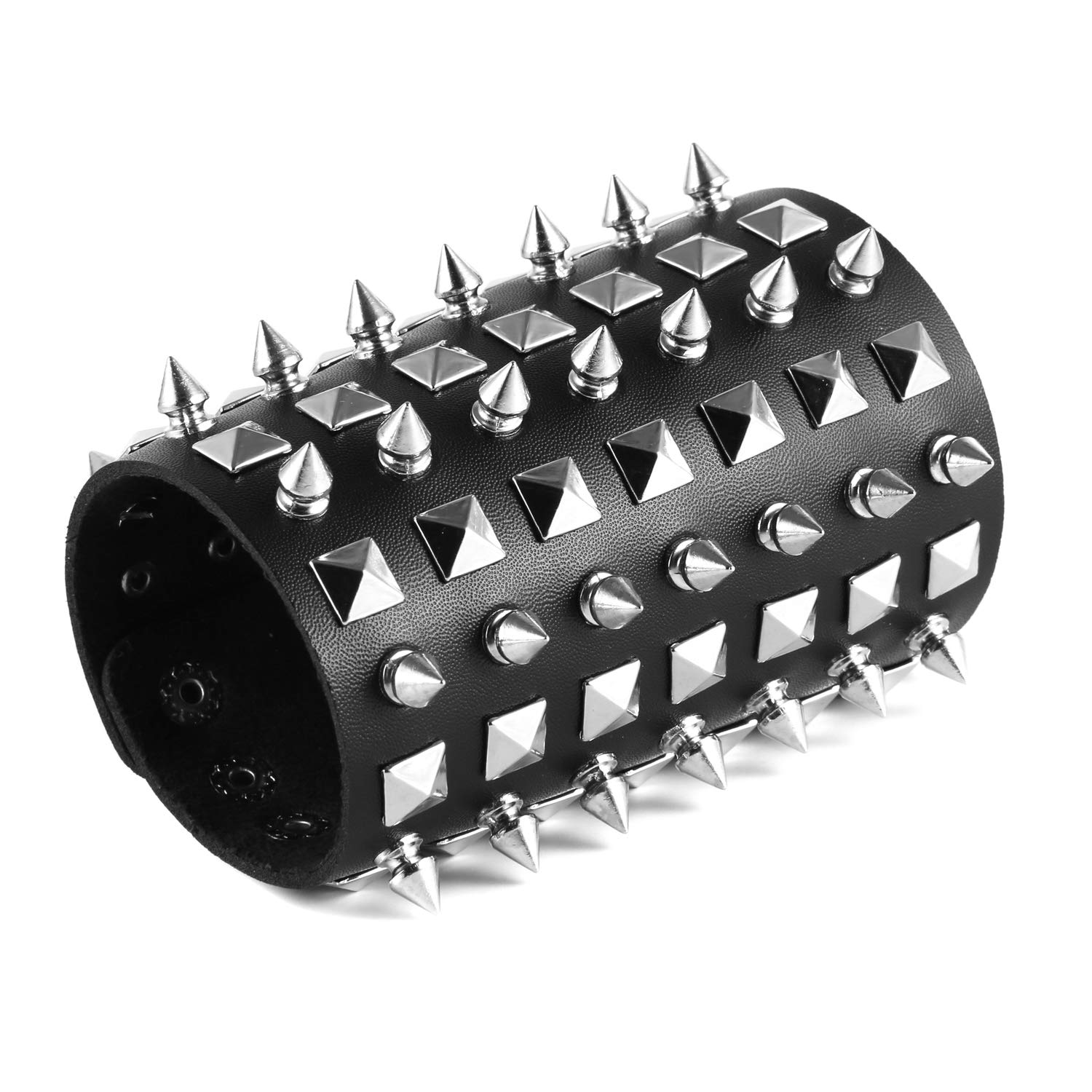 HZMAN Unisex Black Metal Spike Studded Punk Rock Biker Wide Strap Leather Bracelet